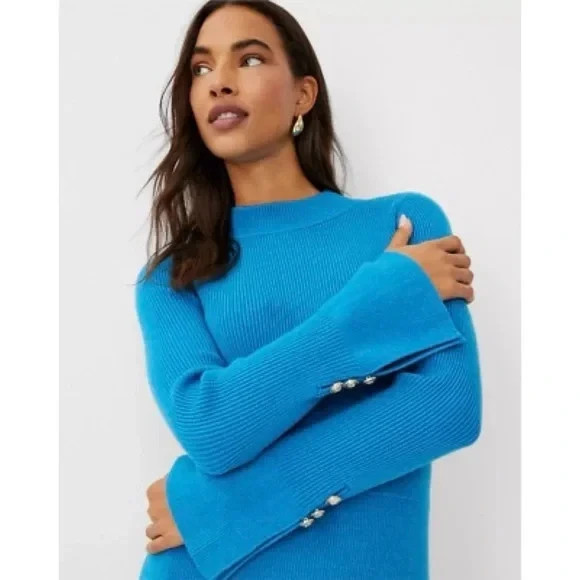 NWT $179 Ann Taylor Ribbed Button Cuff Sweater Dress blue sz M