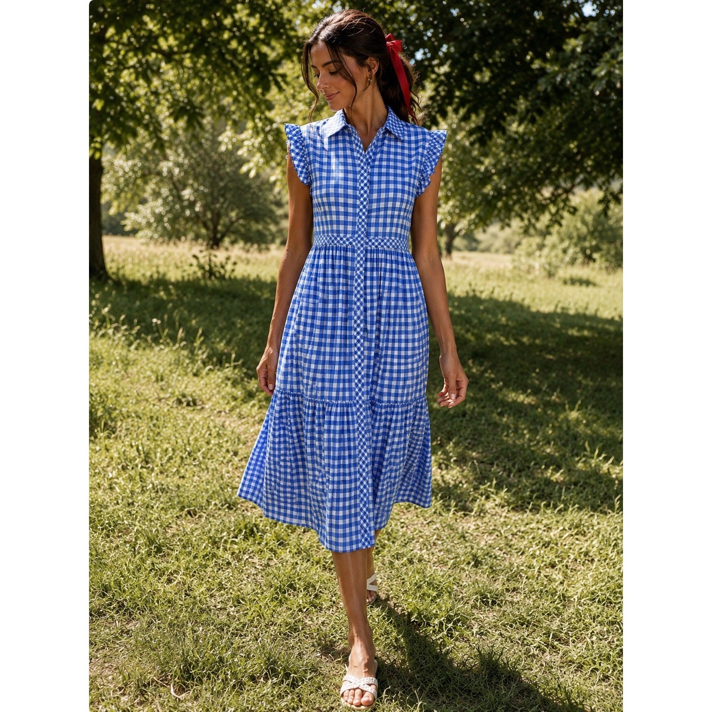 Draper James Patio Shirtdress Blue Gingham Flutter Sleeve Midi Dress 8 Medium