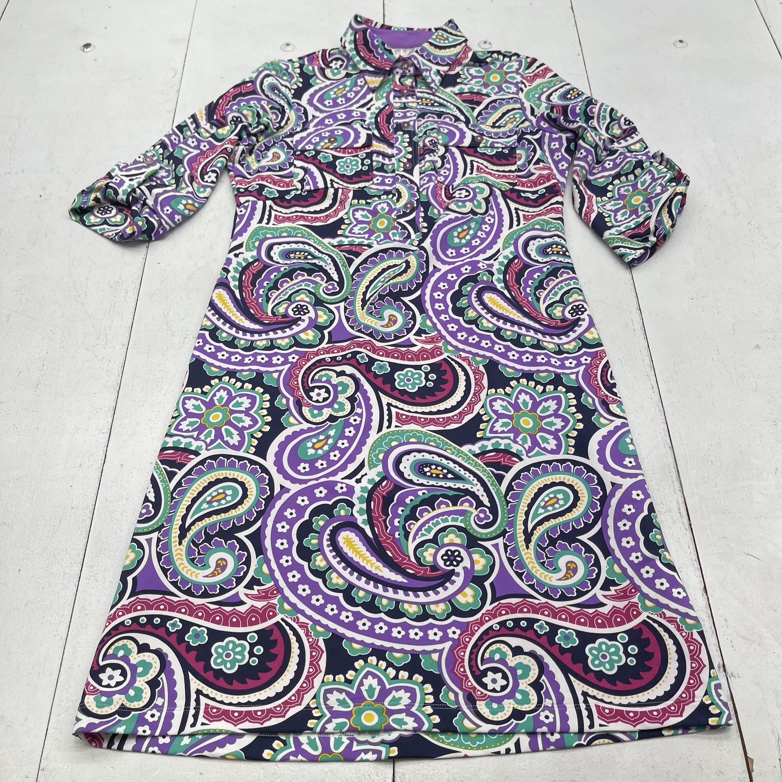 Peter Millar Dress Womens Small Purple Paisley Shirt 3/4 Sleeve Golf UPF 50+