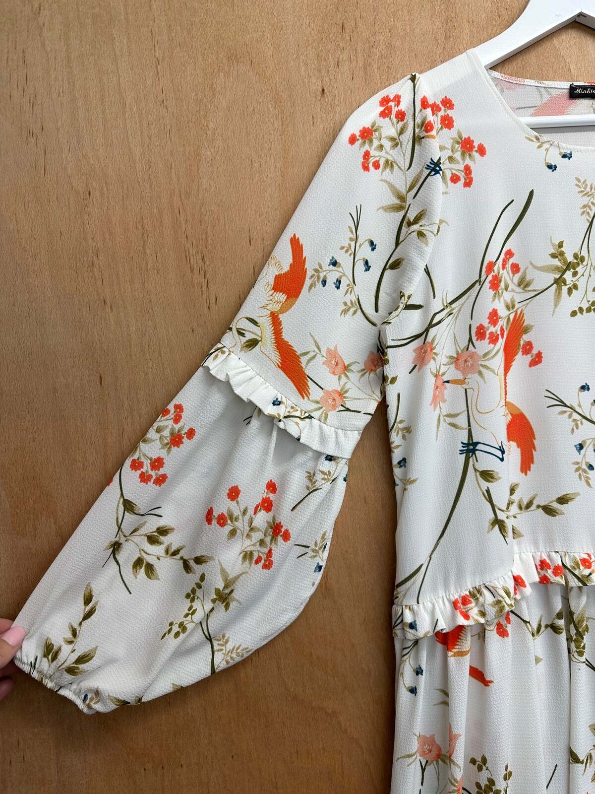 Minkie Size S White Orange Chiffon Botanical Bird Frill Tiered Long Sleeve Dress