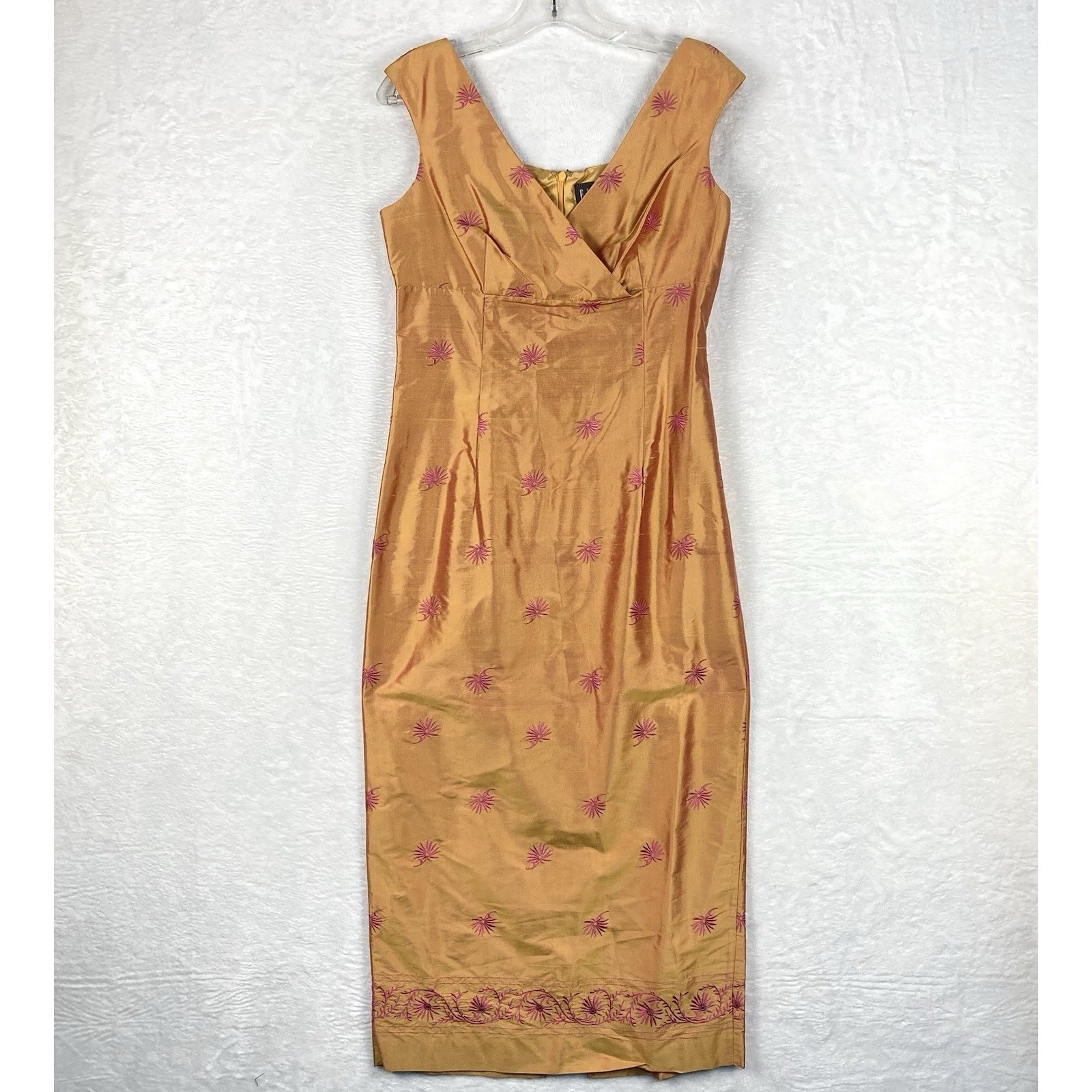 Finity Dress Womens 6 Orange Pink Midi Silk Embroidered Empire Waist Summer Y2K