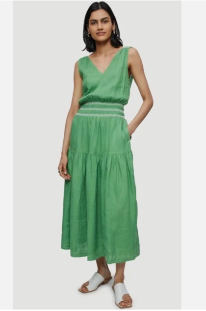 Jigsaw 100% Linen Dress Midi Green White V Neck Sleevless UK14 Large E5605
