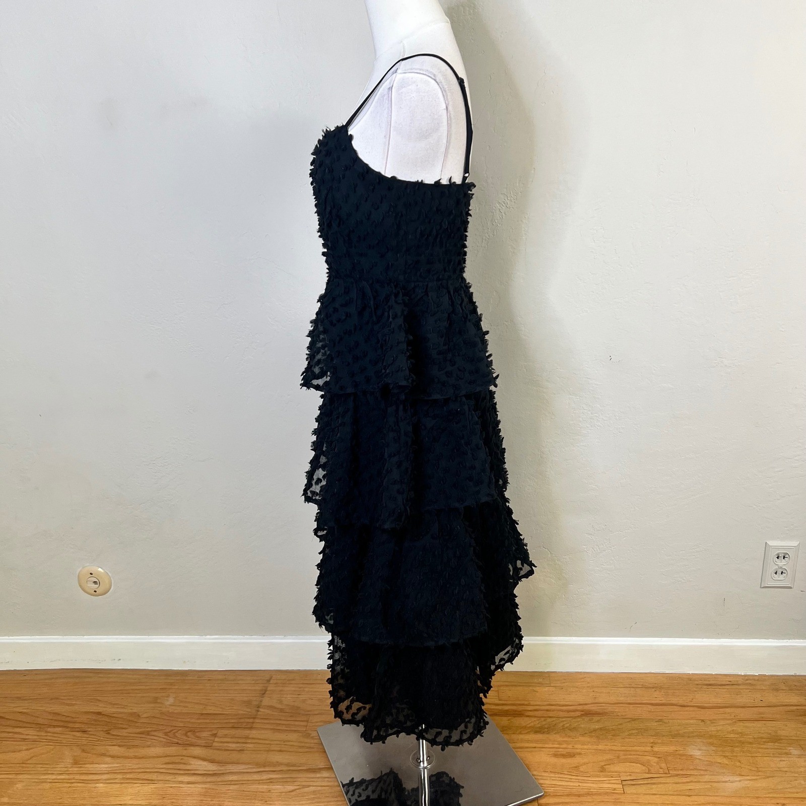 Lulus Dress Tiered Midi Size S Black Clip Dot Spaghetti Strap Cocktail Textured