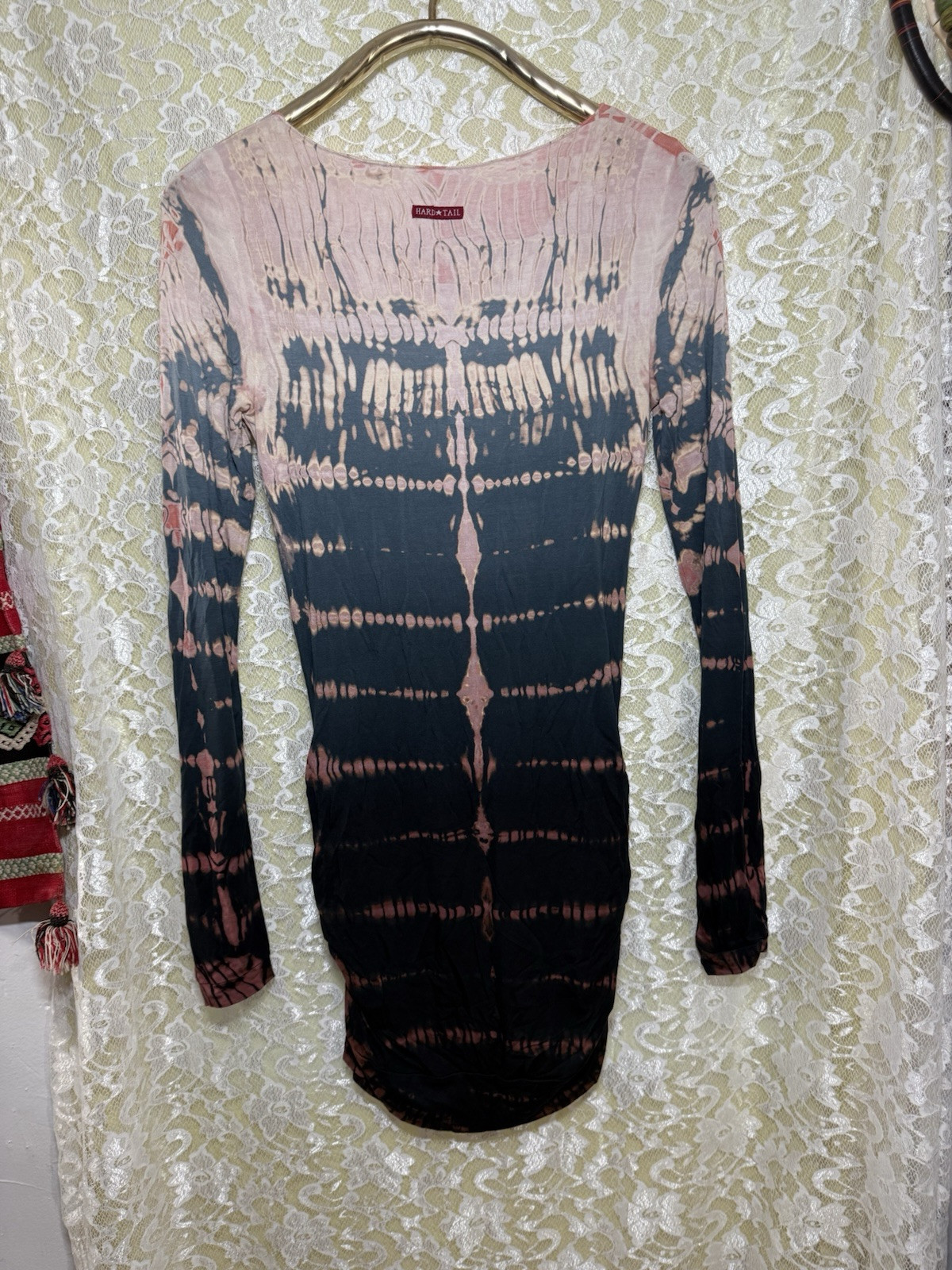 Hard Tail Pink Black Gray Tie Dye Dress side ruching xs/s euc long sleeve
