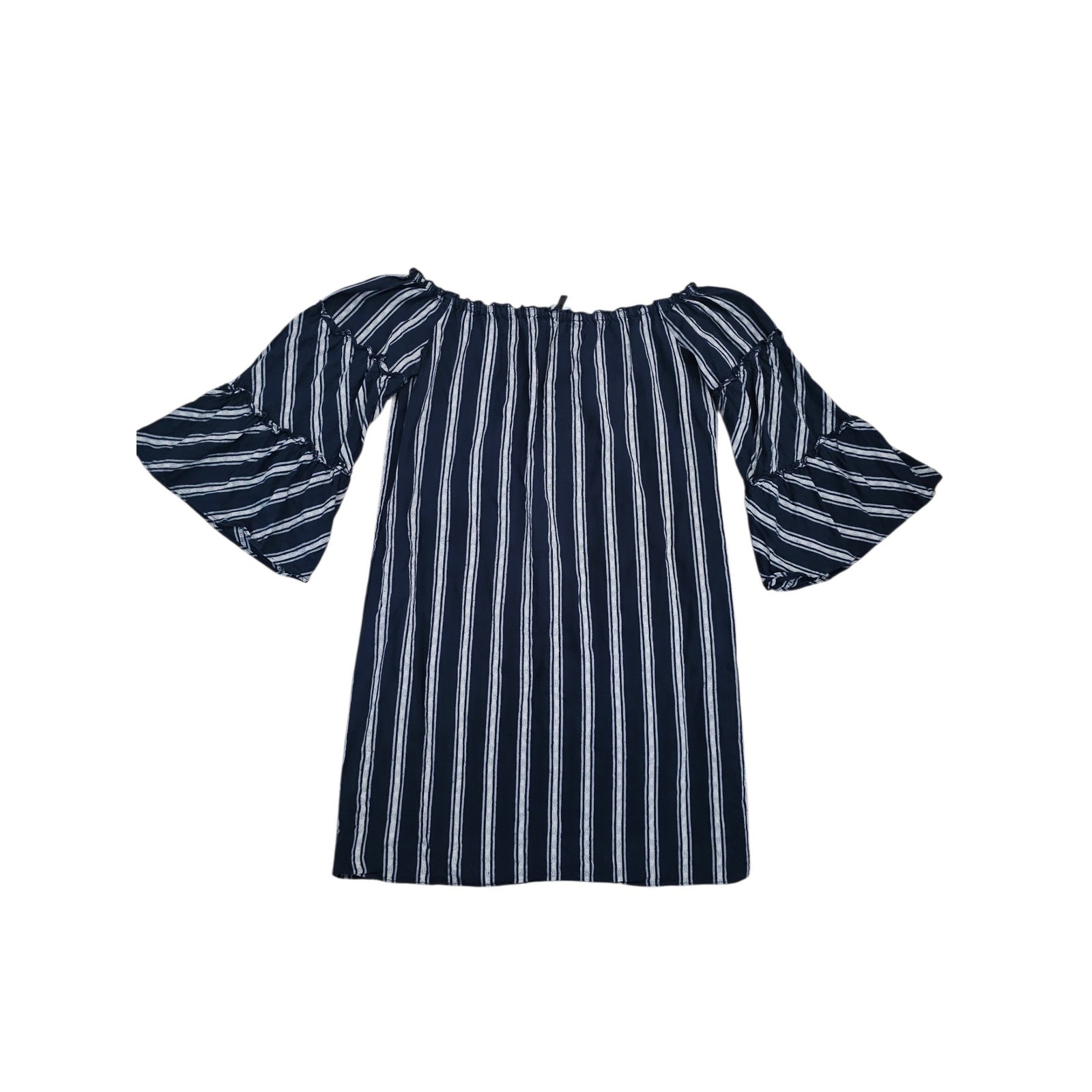 Bohemian Peasant Blue White Striped Off The Shoulder Bell Sleeve Mini Dress XS