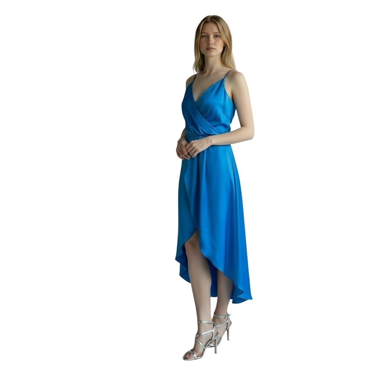 Ramy Brook Lina Crepe Slipdress Satin V-Neck Sleeveless Hi-Low Hemline Size S