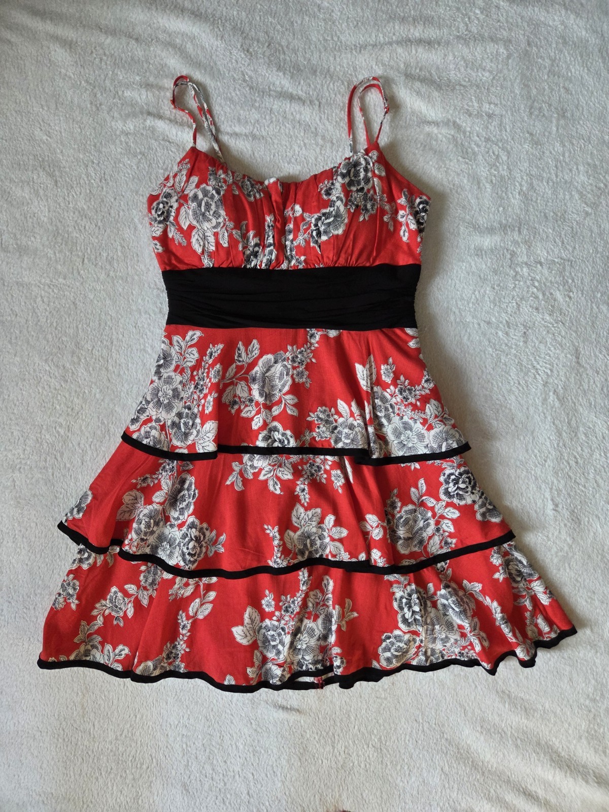 Vintage Y2K B. Darlin Red Floral Ruffled Babydoll Dress 3/4 Goth Grunge Coquette