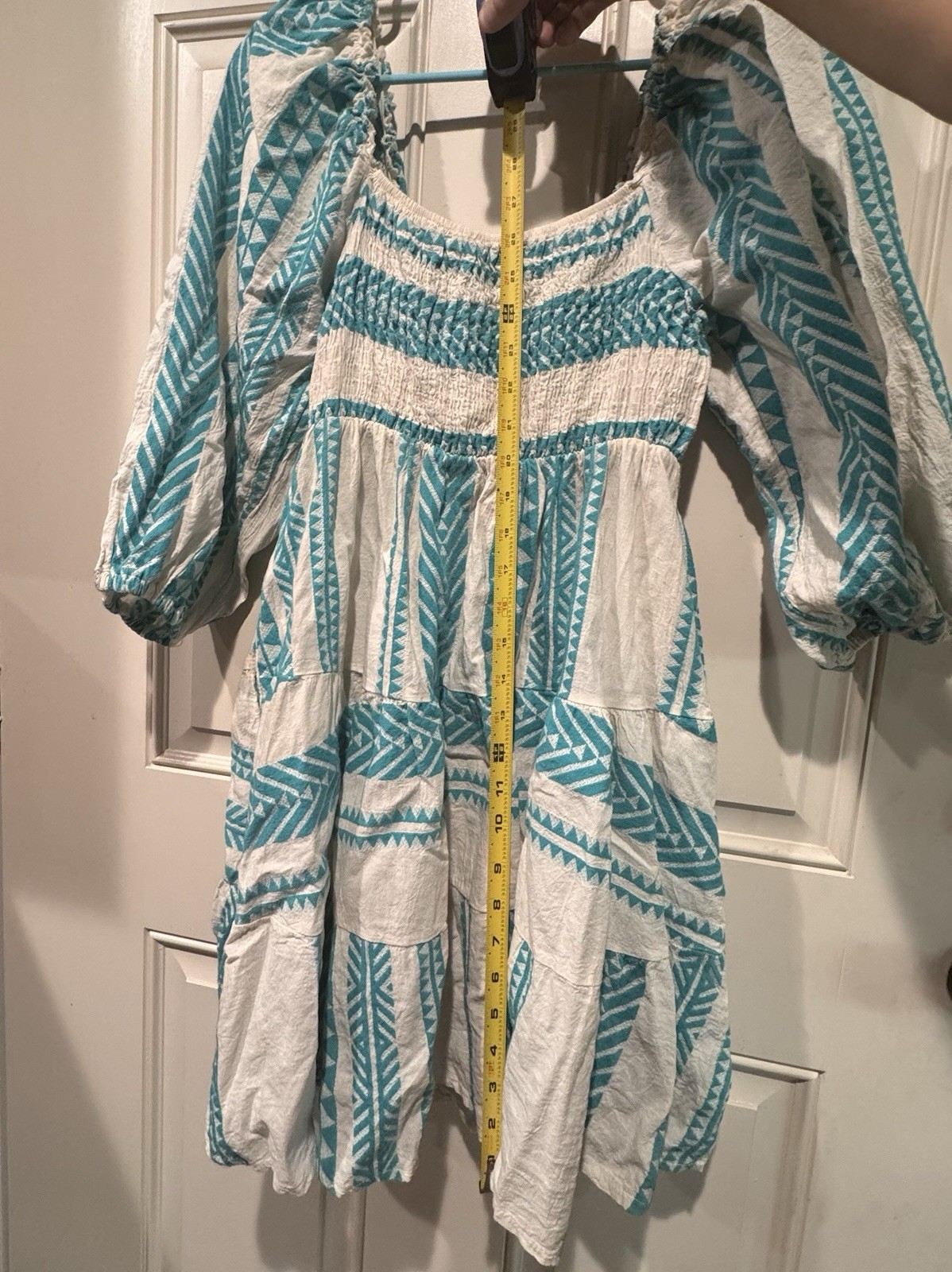 Sofia made in Italy White Blue Geometric Smocked Puff Sleeve Dress with Pockets