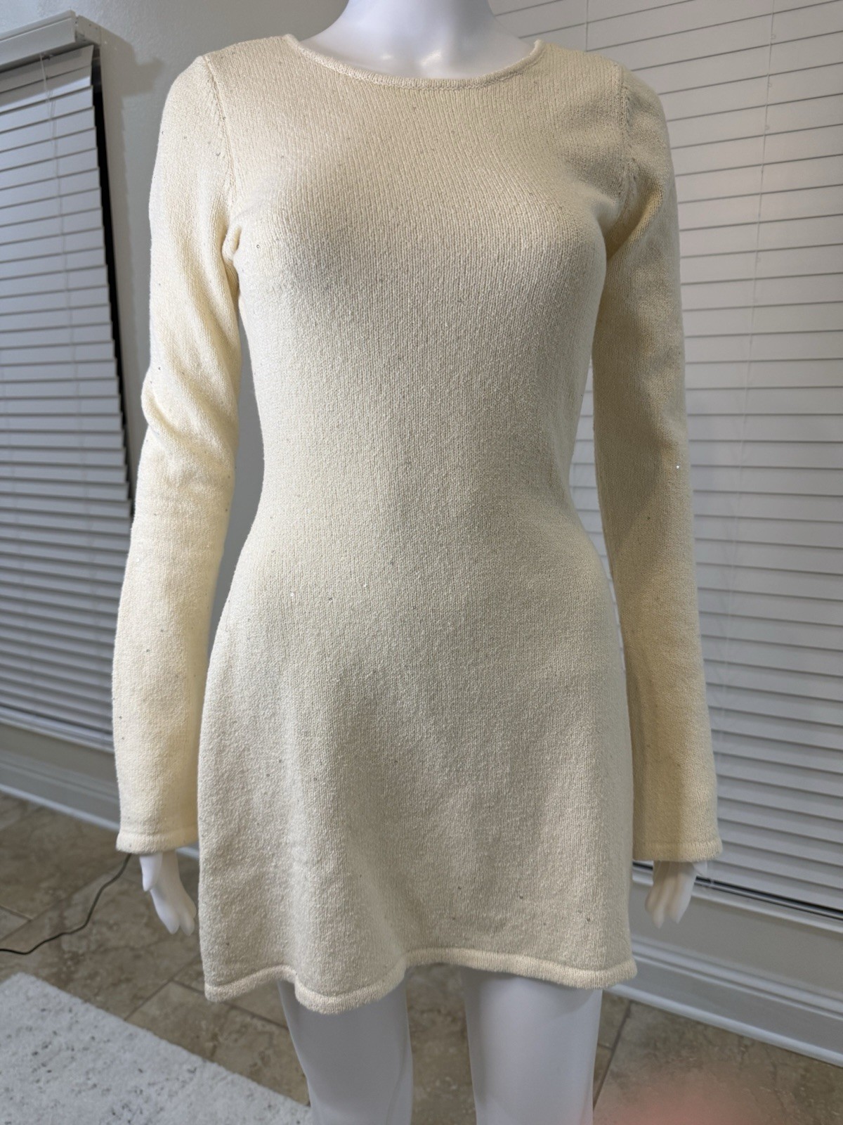 WEWOREWHAT Beige Sequin Knit Open Back Long Sleeve Mini Dress Women’s Size M