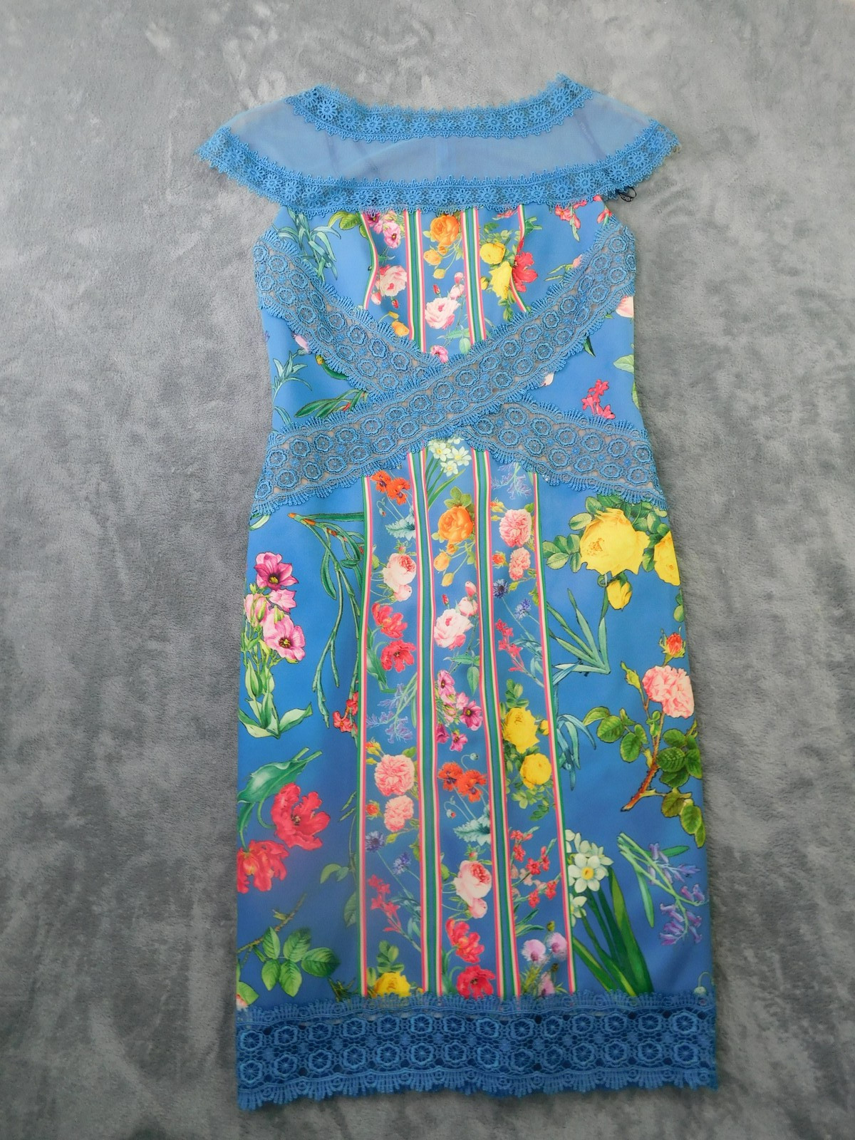 Tadashi Shoji Dress Womens 4 Blue Floral Lace Sheath Boat Neck Cocktail Wedding