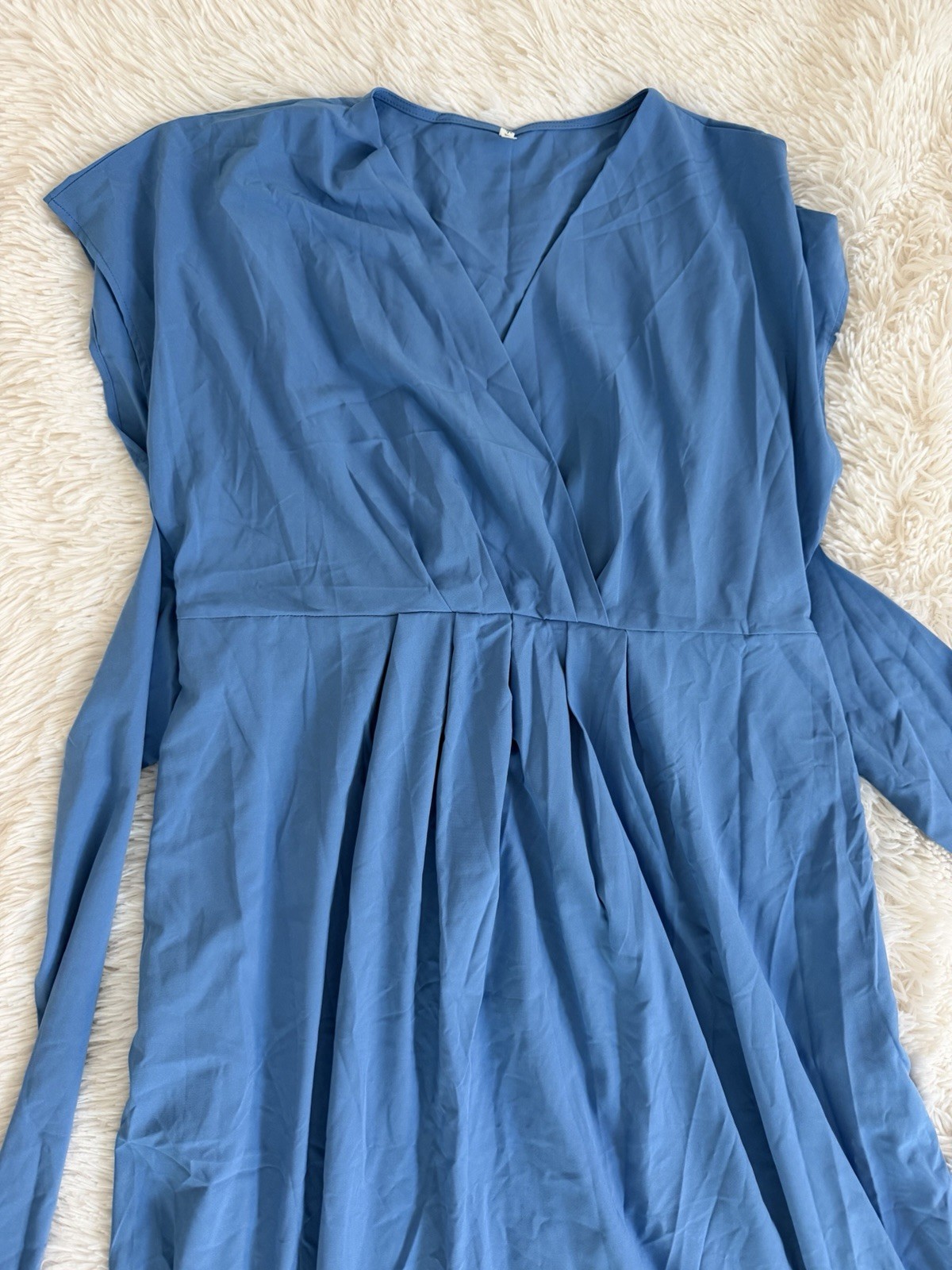 Halara Women’s Blue Solid Wrap V-Neck Sleeveless Tie Waist Midi Dress L