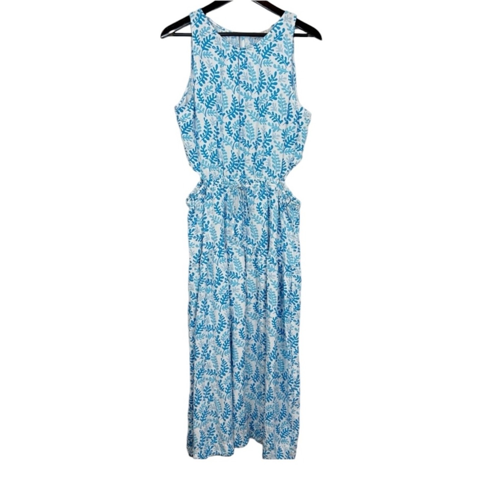 LOFT Blue and White Coral Print Maxi Dress Size Large Nautical Linen