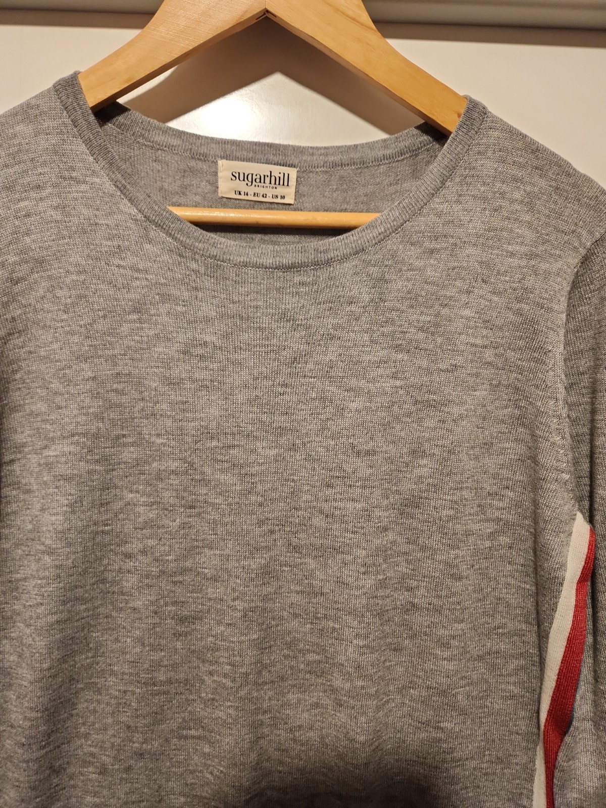 Sugarhill Brighton Wool Blend Grey Dress Stripe Detail UK 14 EU 42 US 10 Ex Cond