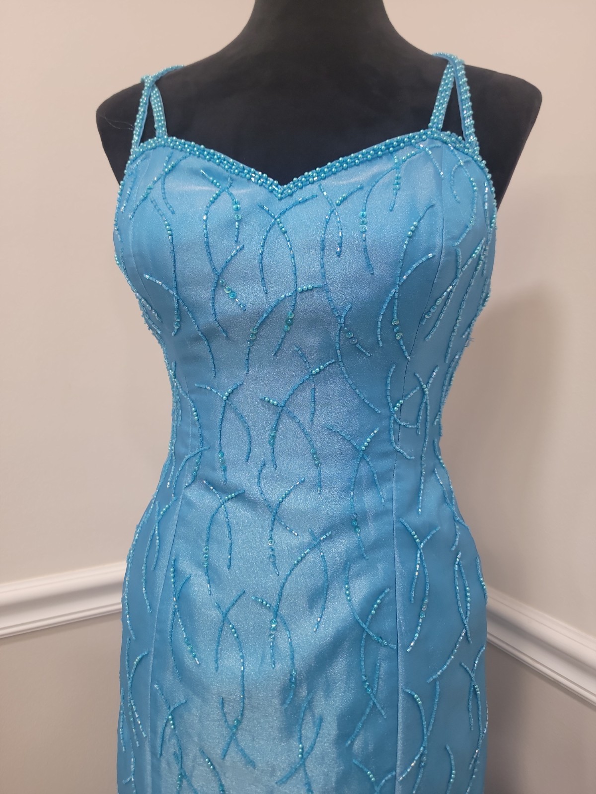 VTG Y2K Alyce Designs Turquoise Beaded Mermaid Prom Evening Gown Size 8