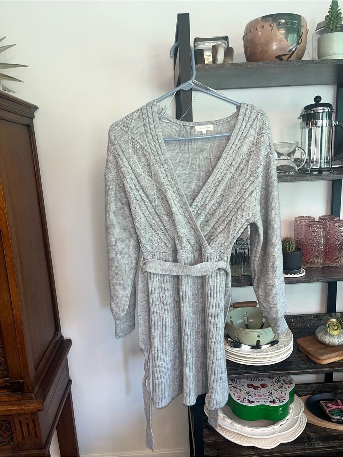 No Comment Cable Knit Tie Waist Balloon Sleeve Dress Light Gray Wrap Belted
