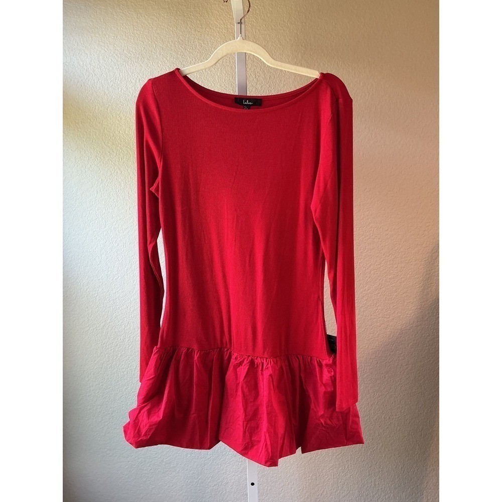 Lulus Red Long Sleeve Drop Waist Mini Dress Bubble Hem Ribbed Knit Large NWT
