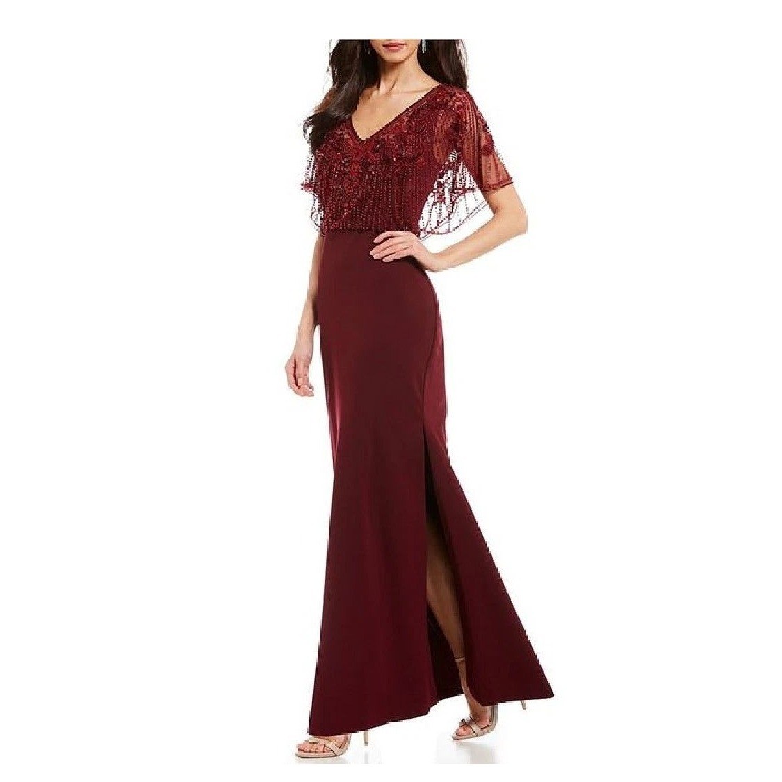 Aidan Mattox Beaded Evening Gown Wine Sequin Capelet Art Deco Old Hollywood Sz10
