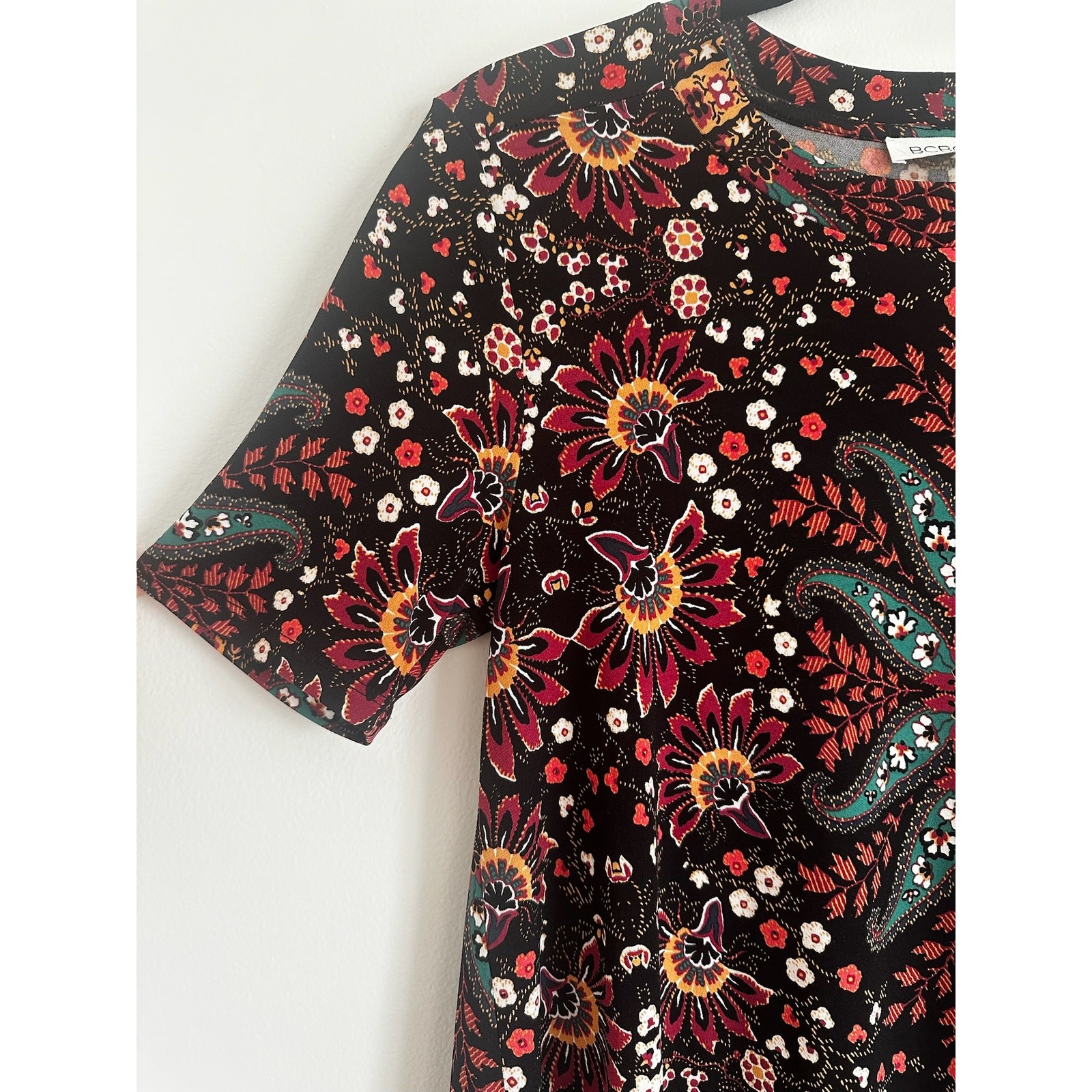 BCBGeneration Paisley Floral A-Line Mini Dress Black Rust Small Stretch