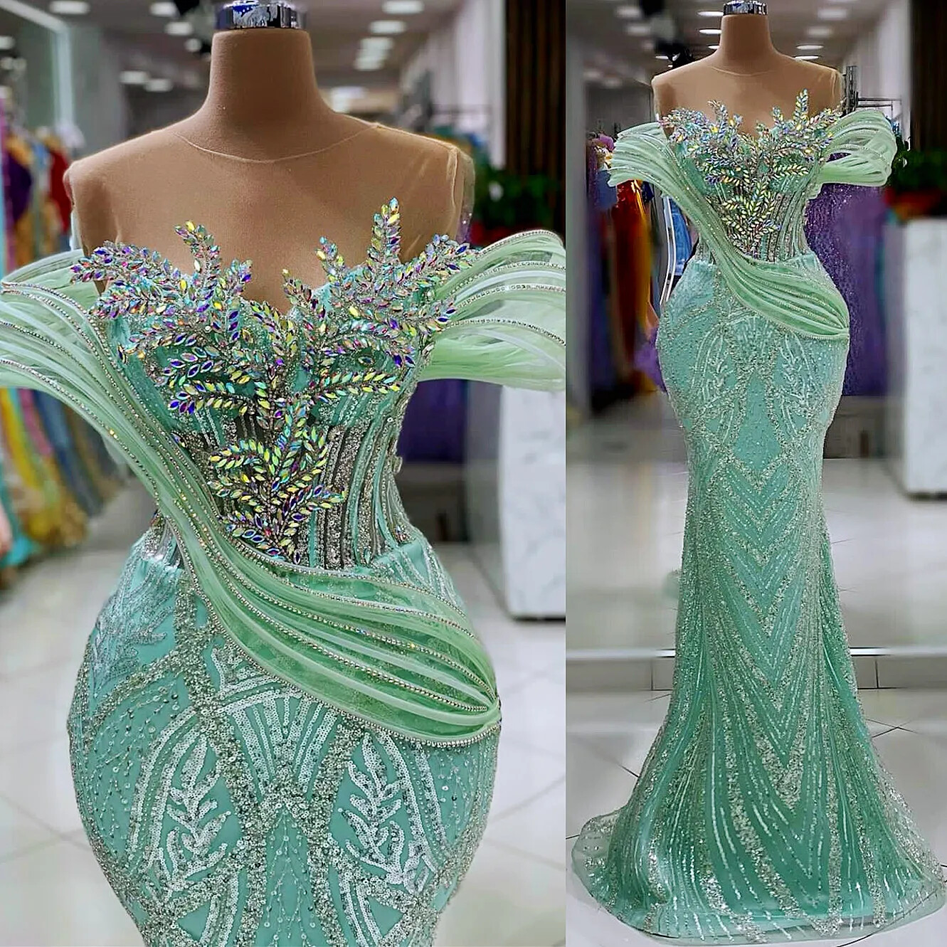 Luxury Beaded Mermaid Prom Dresses,Sequined Lace Birthday Evening Party Gowns