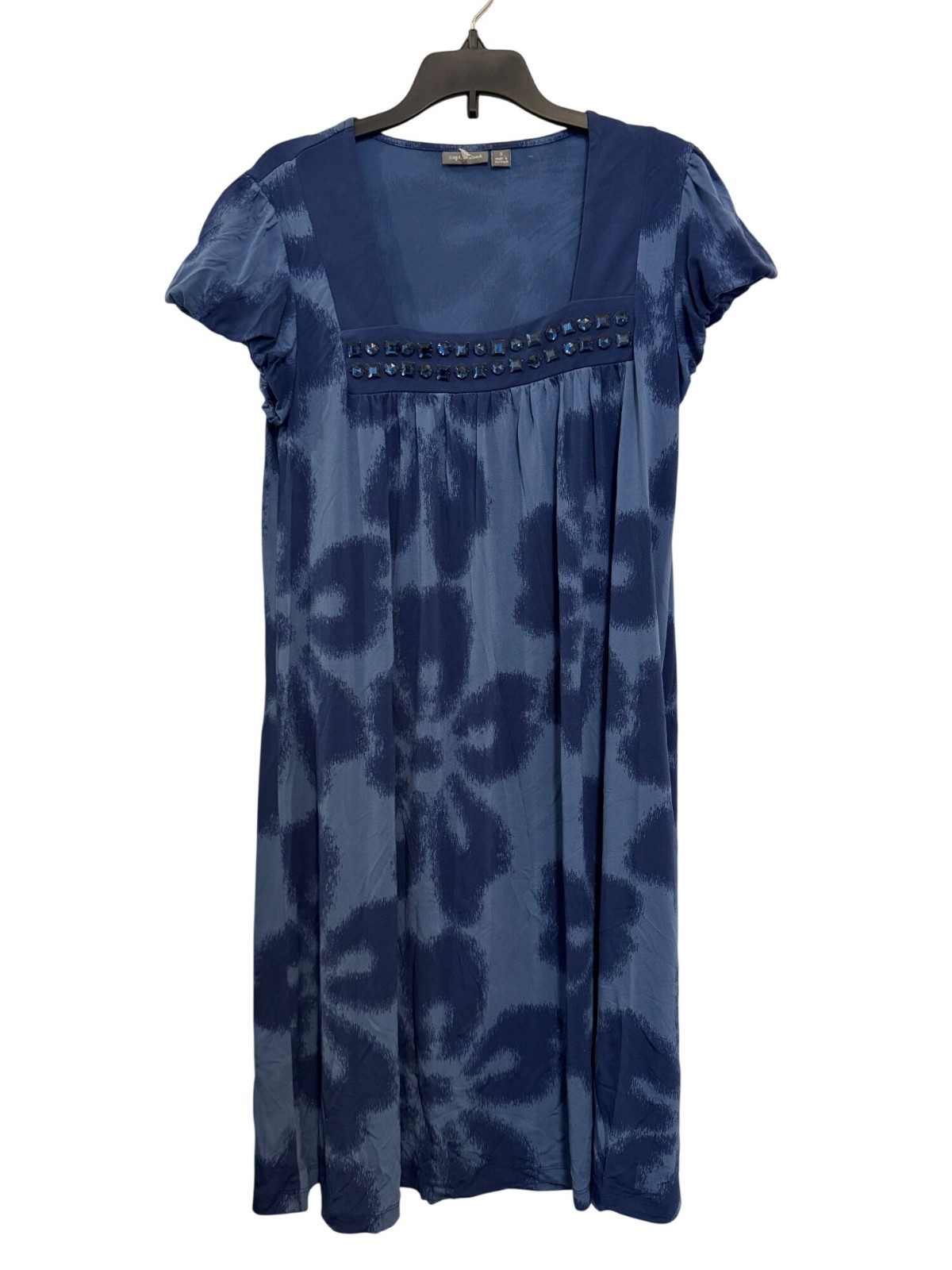 Apt. 9 Womens Blue Beaded Empire Waist Short Sleeve Dress S 96% Polyester Stretc