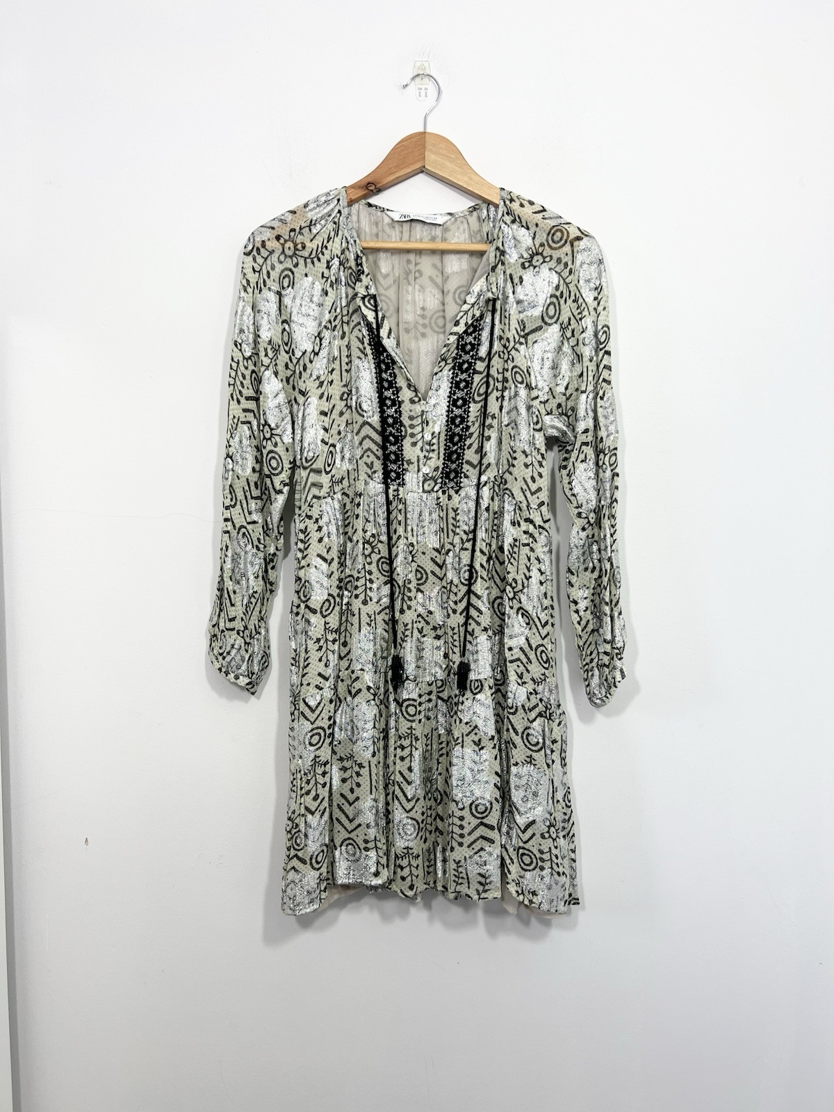 Zara A Line Boho Mini Dress Size XS Relaxed Oversized Fit Green Metallic Silver