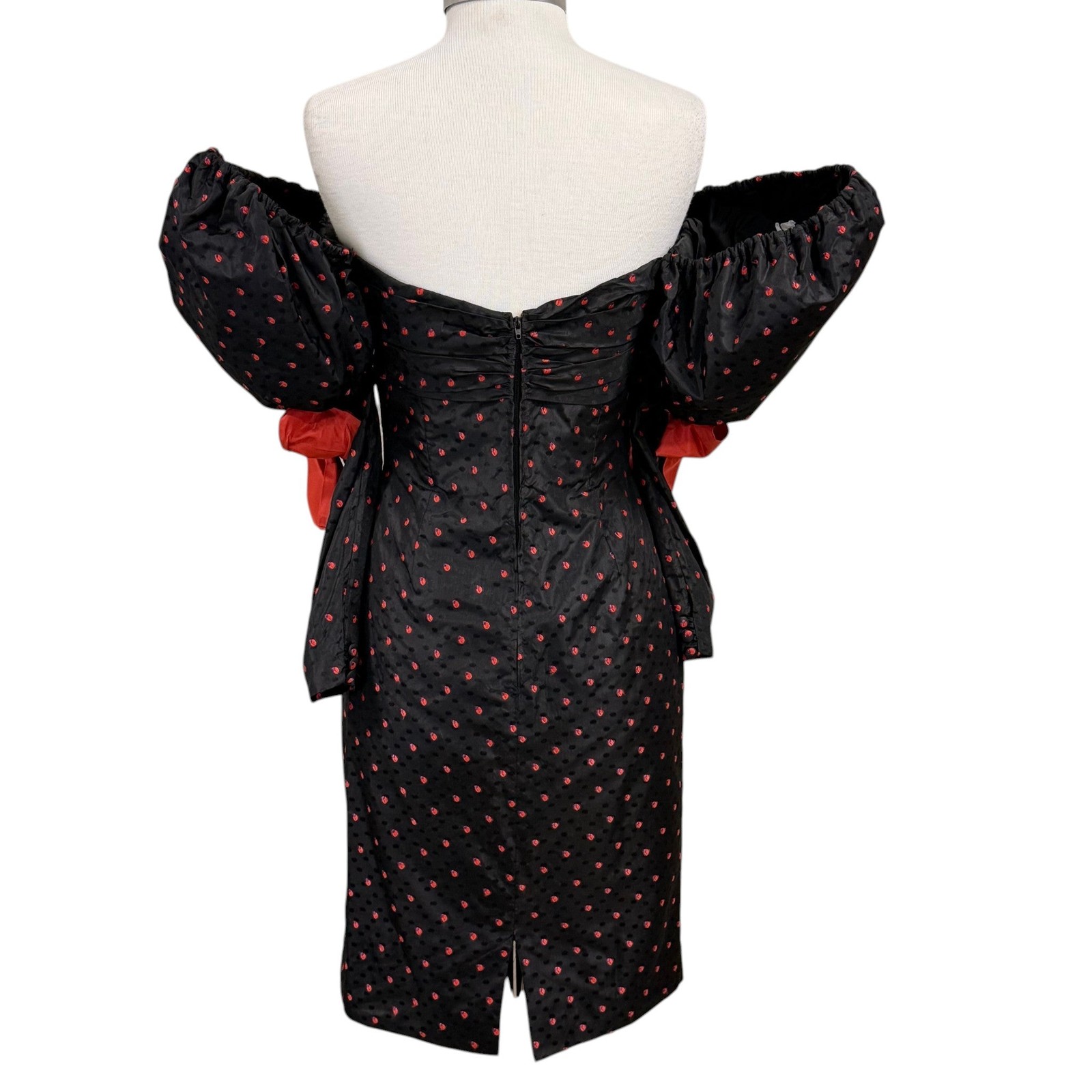 Vintage 80s Isabelle Allard Paris Puff Sleeve Silk Cocktail Dress Black Red Bow