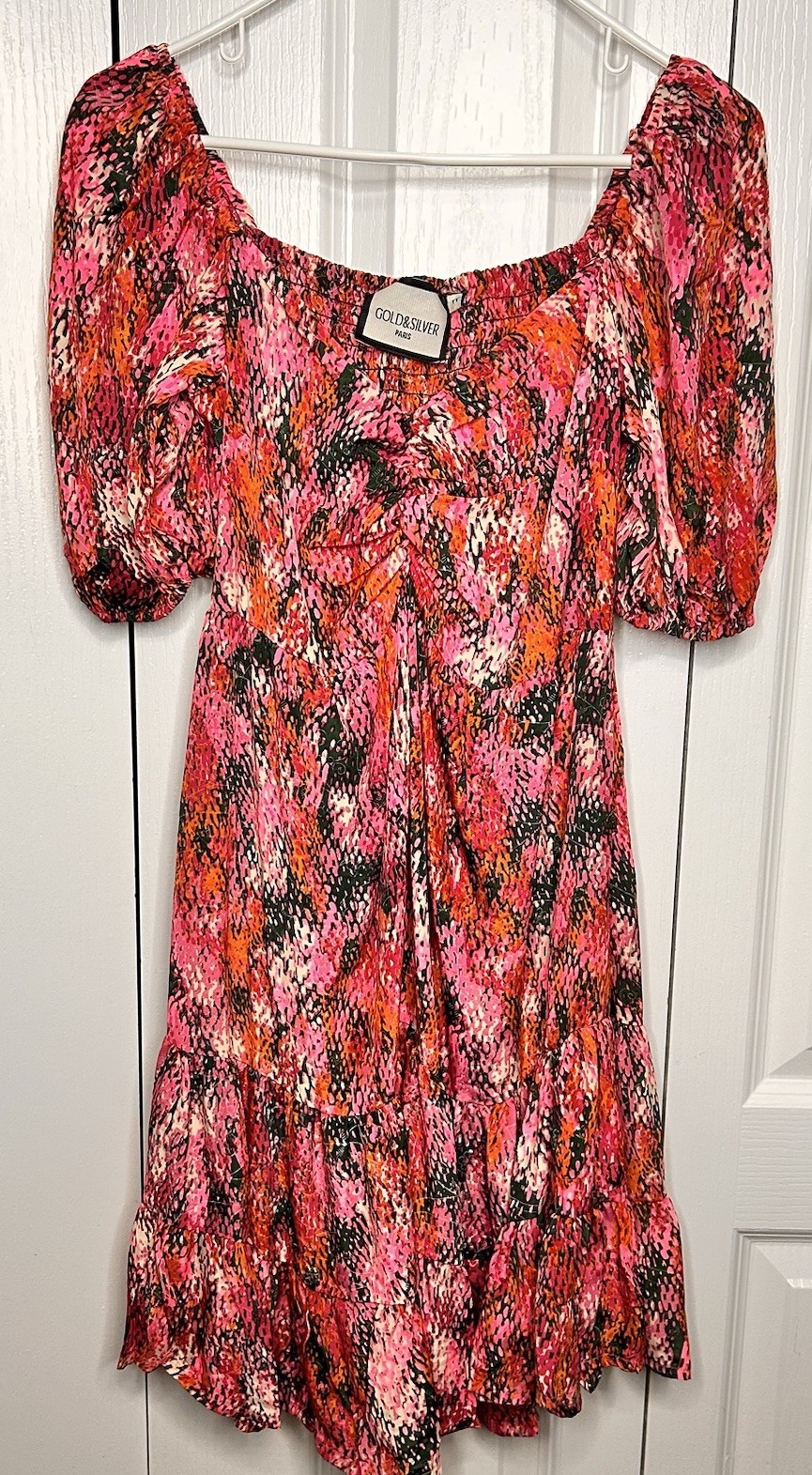Gold & Silver Paris Women’s Small Vibrant Pink Black Mini Dress Puff Sleeves