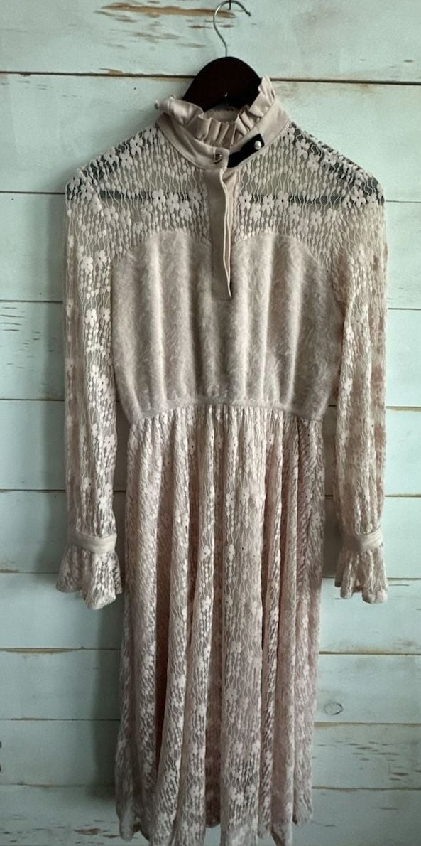 Camilla Dora Victorian Style Pink Lace Midi Dress with Ruffle High Neck
