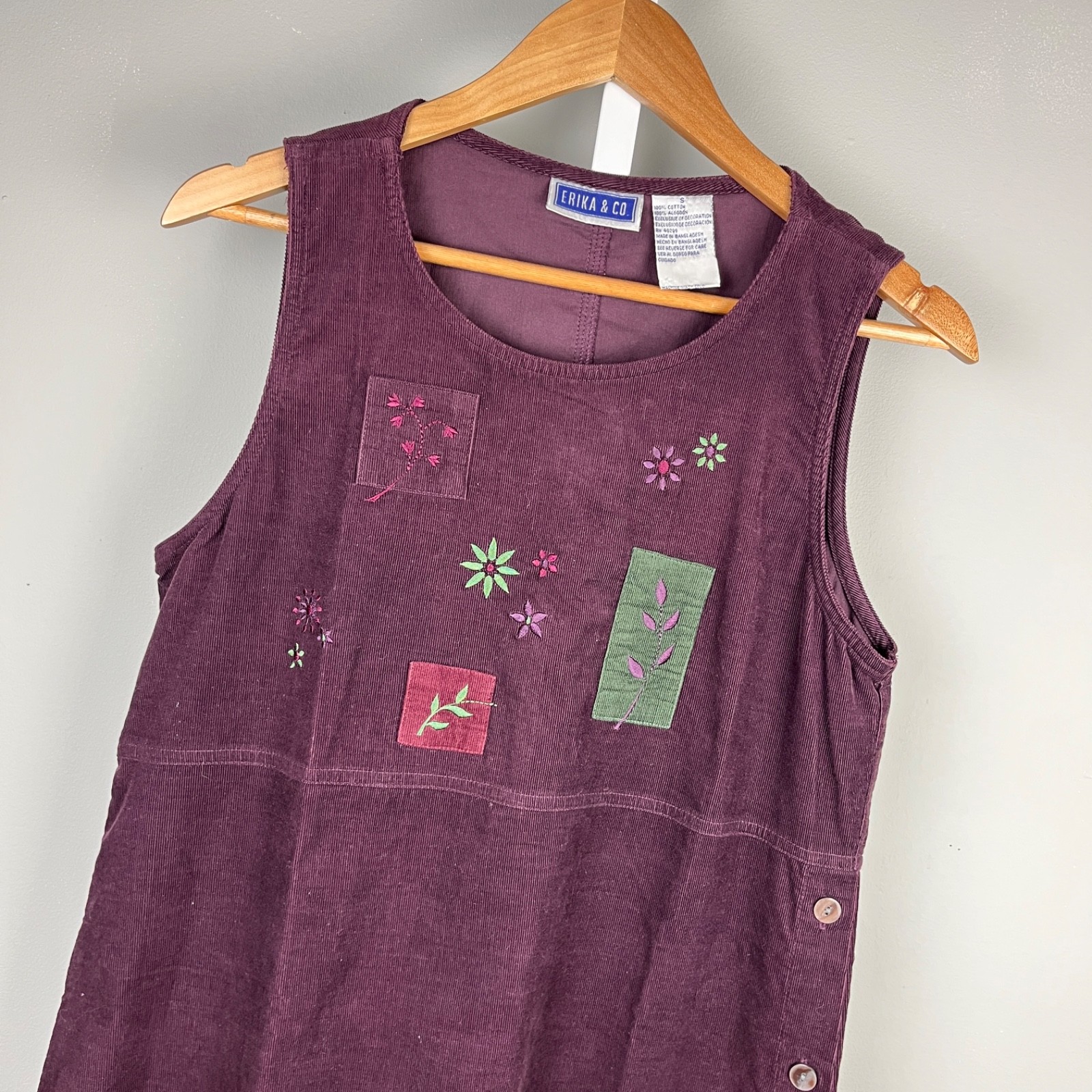 Vintage Erika & Co. Corduroy Jumper Dress Womens S Eggplant Purple Embroidered