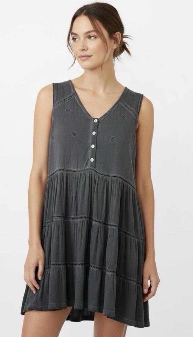 POL Women’s Black Tunic Sun Dress Mother of Pearl Buttons Size Small NEW