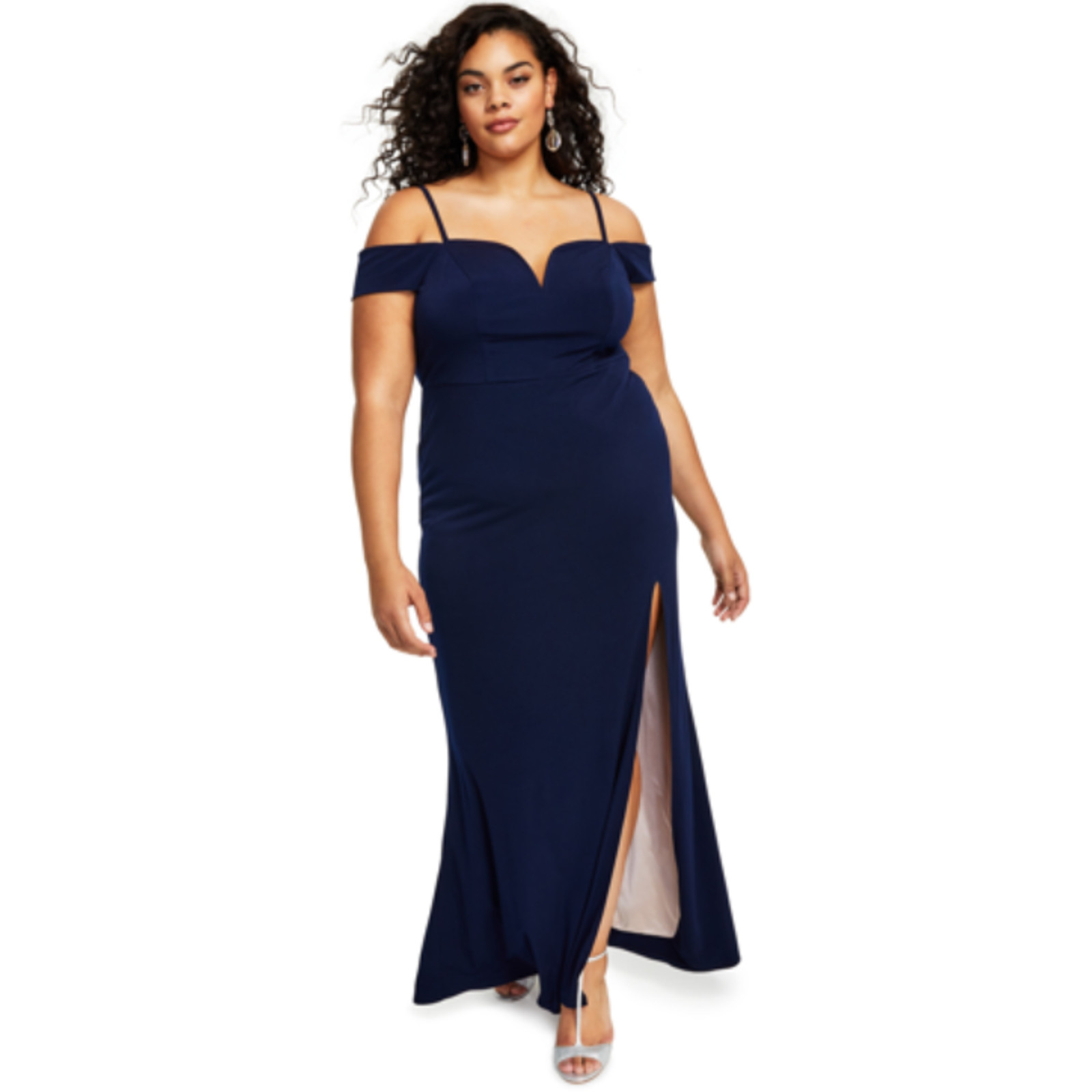 CITY STUDIO Trendy Off-The-Shoulder Slit Gown 16W Navy Blue Rose Pink NWT