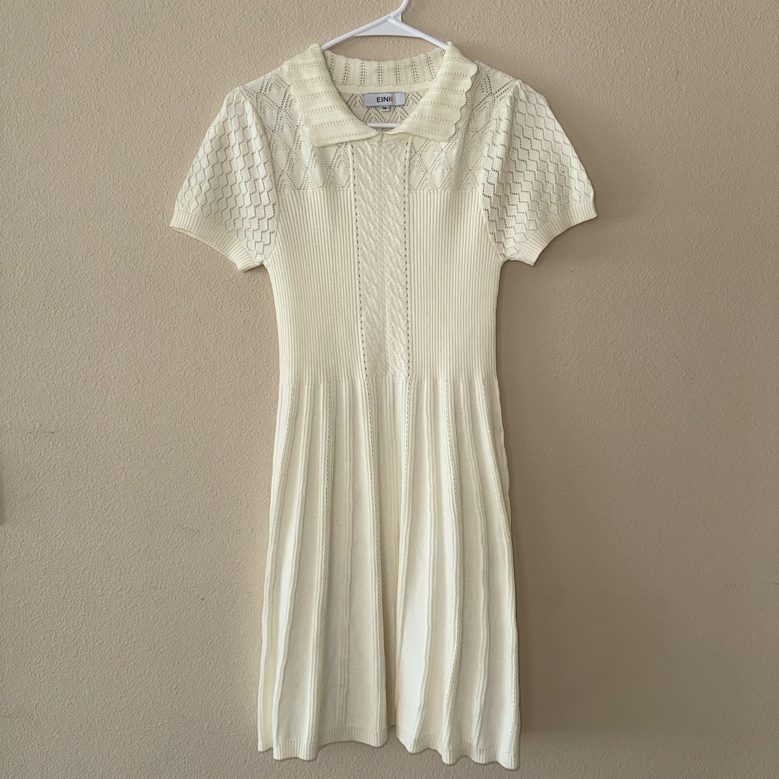 EINII Cream Knit Polo Sweater Dress M Ivory Scalloped Pleated A Line Short Sleev