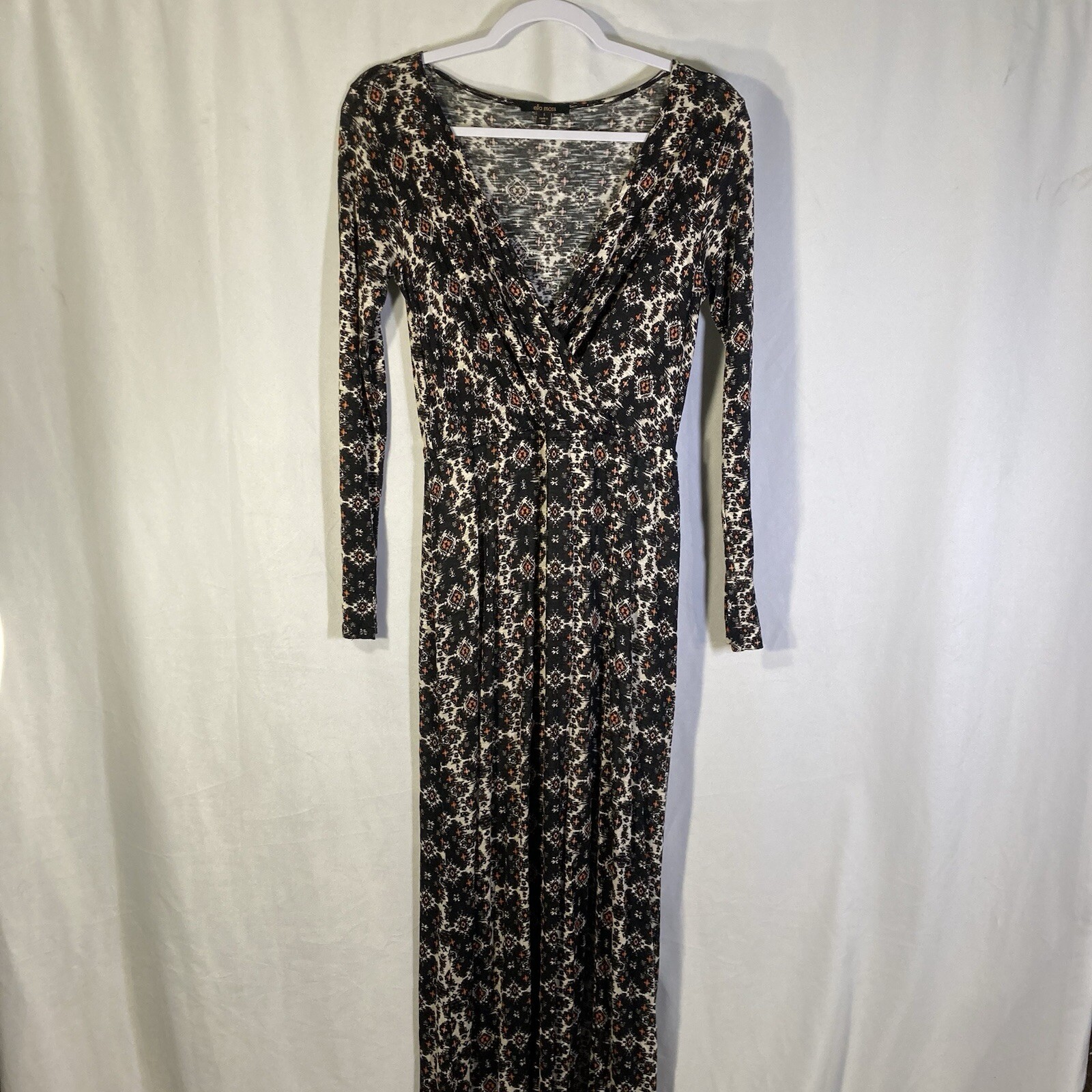 ELLA MOSS black white red geometric surplice rayon jersey knit maxi dress S