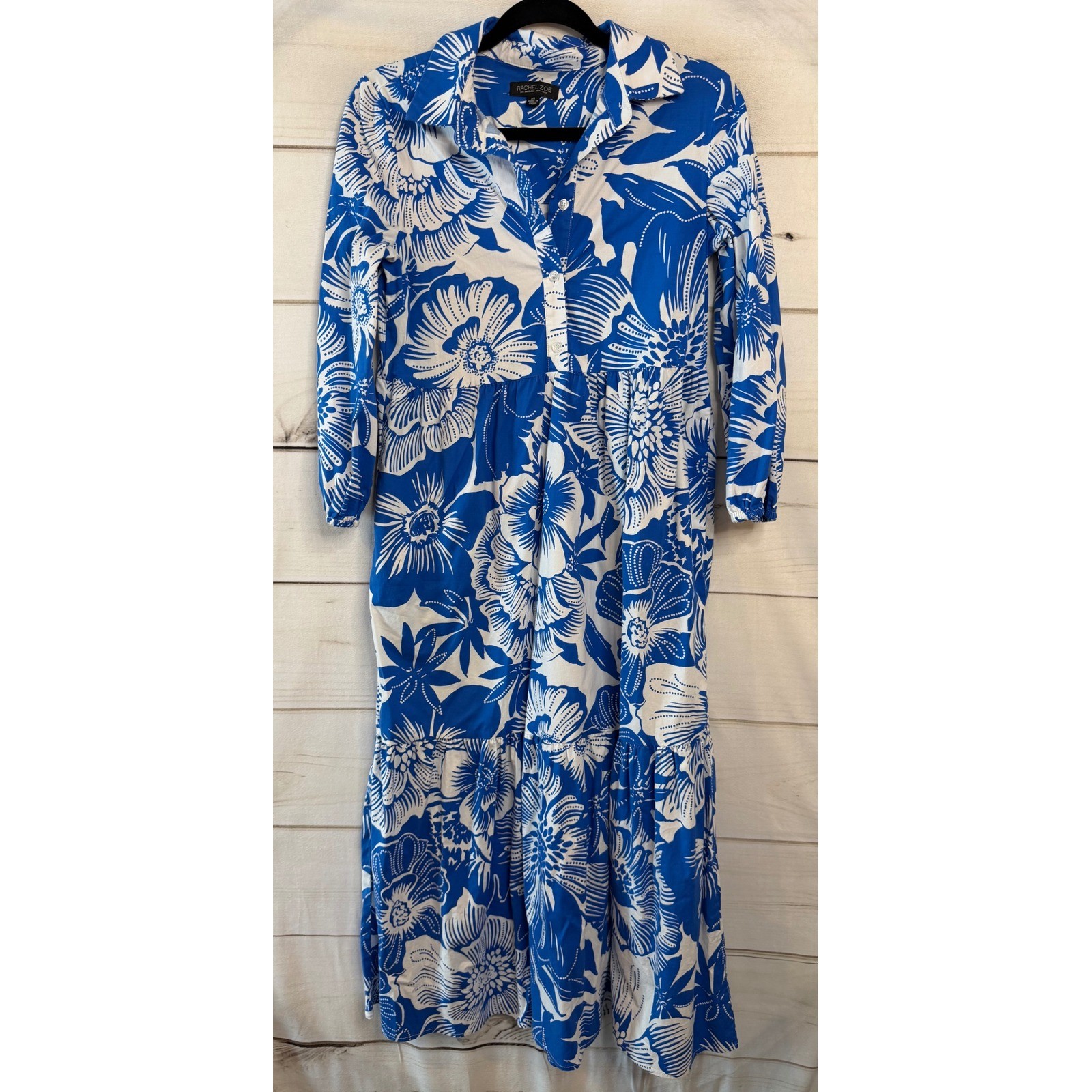 Rachel Zoe Blue White Floral Tiered Maxi Shirt Dress Long Sleeve XS RN157615