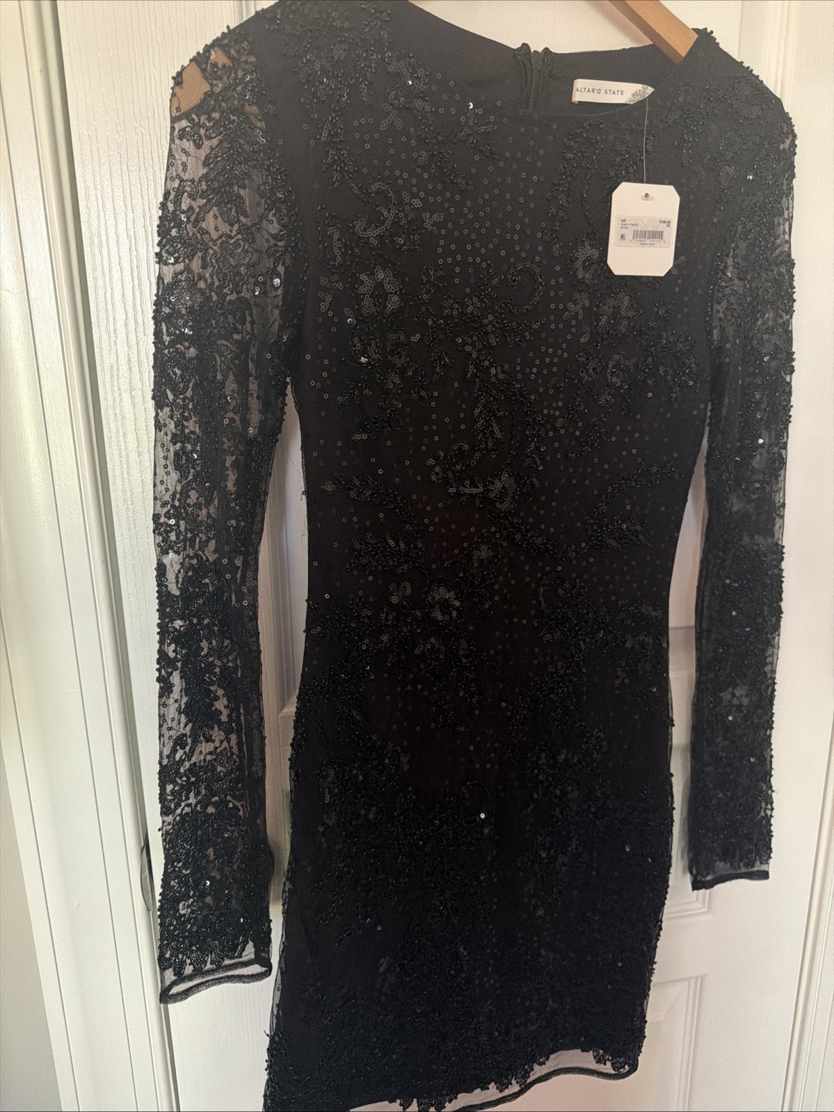Altar’d State Black Beaded Sequined Lace Cocktail L/S Women’s Mini Dress XS NWT