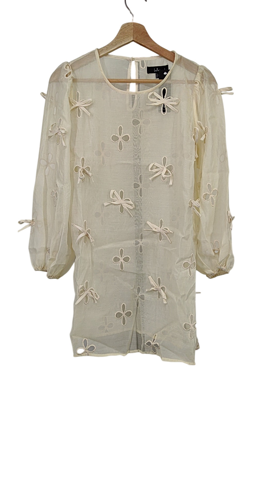 Lulus Women Aamira Embroidered Bow Blouson Sleeve Shift Mini Dress Cream S