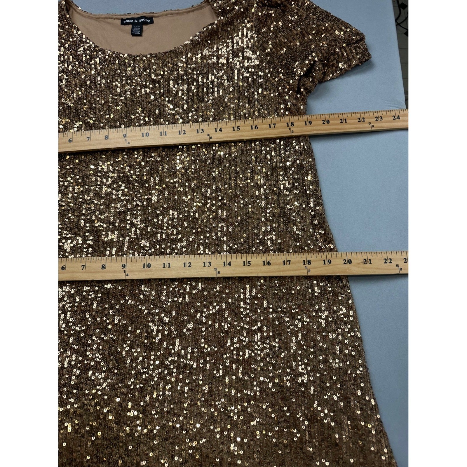 Cable & Gauge Bronze Gold Sequin Shift Dress Short Puff Sleeve Women Large