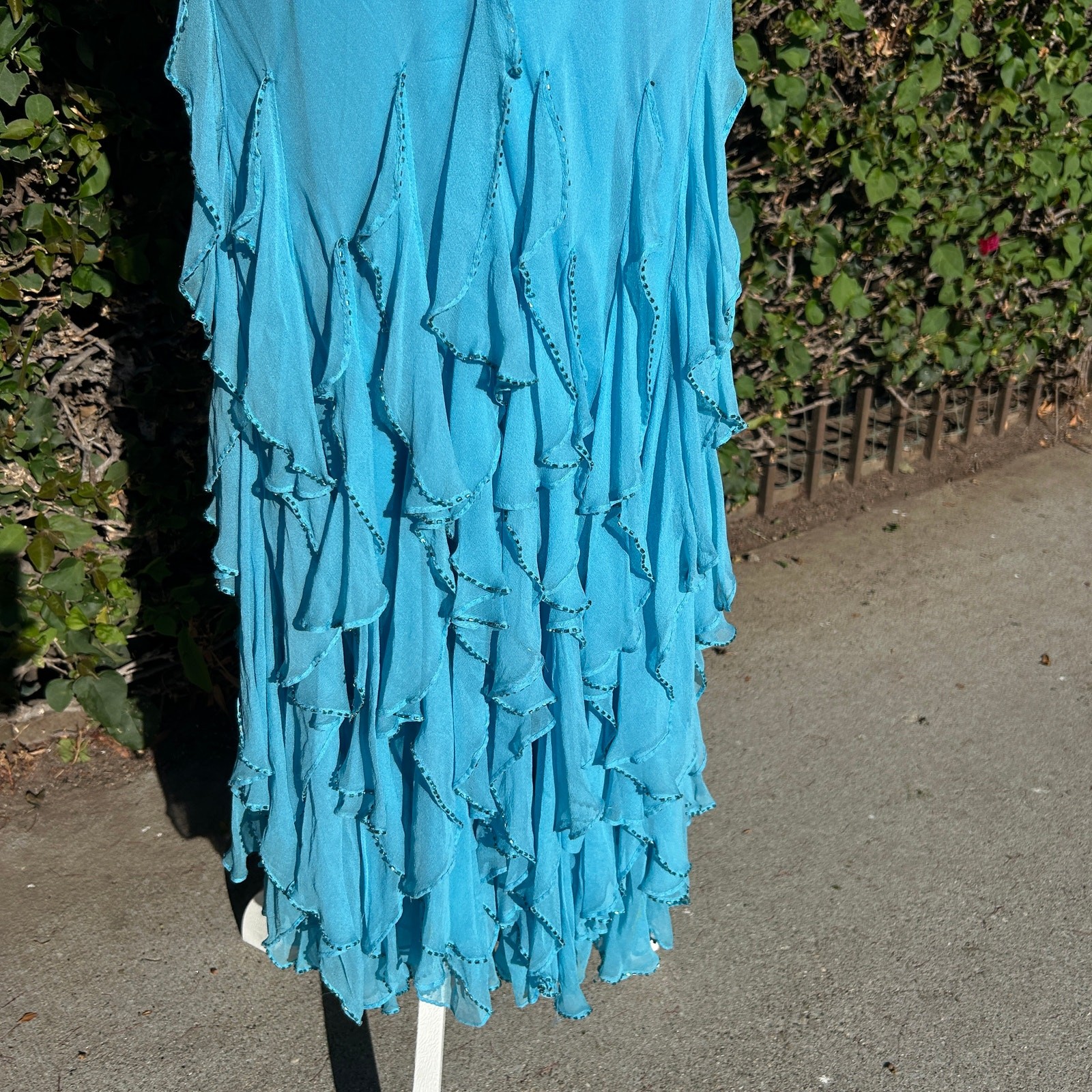 VTG Y2K Turquoise Blue Silk Beaded Asymmetrical Hem Dress w/ Matching Scarf S