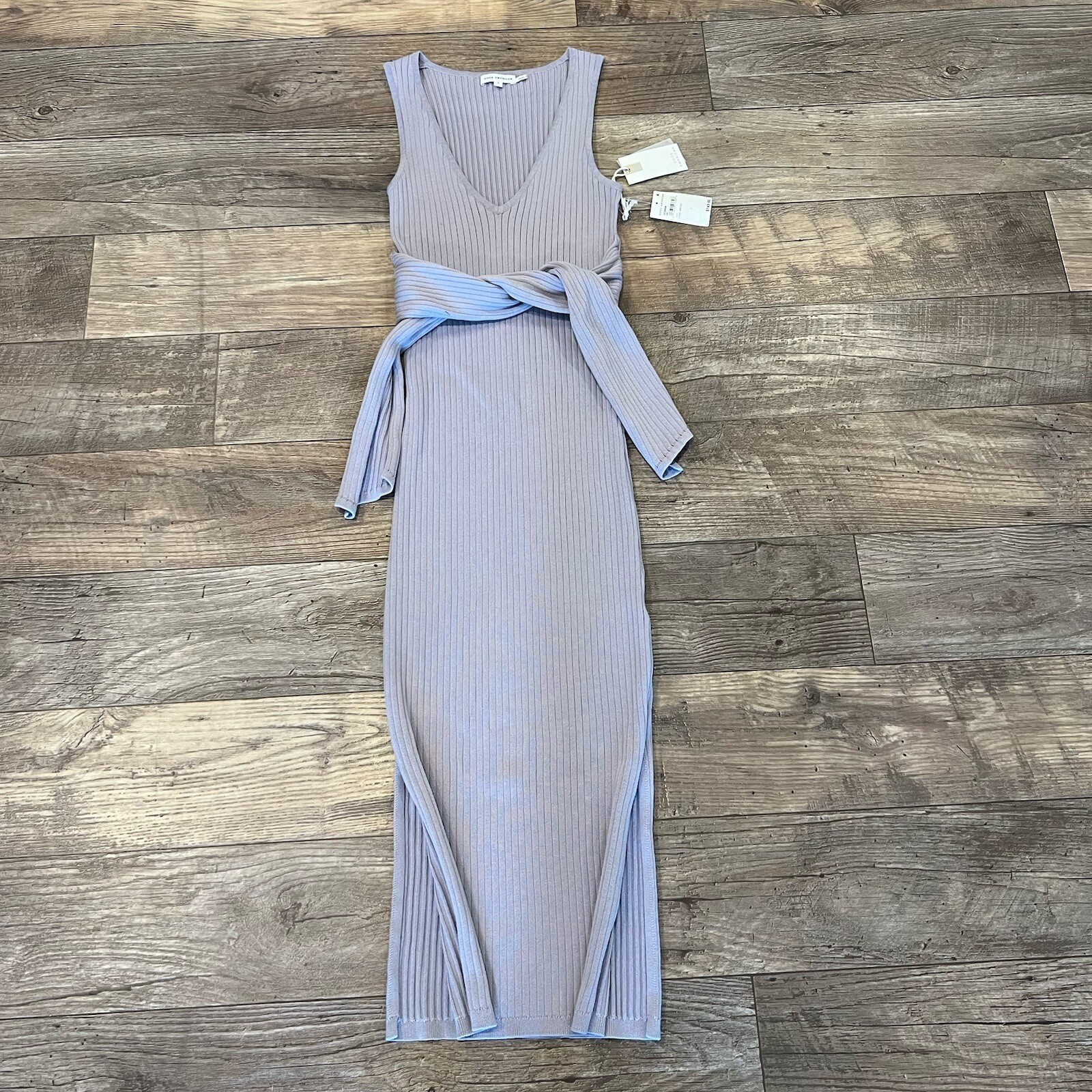Good American Ribbed Slit Belted Body Dress Lilac Mist Size 1 Small Knit V Neck