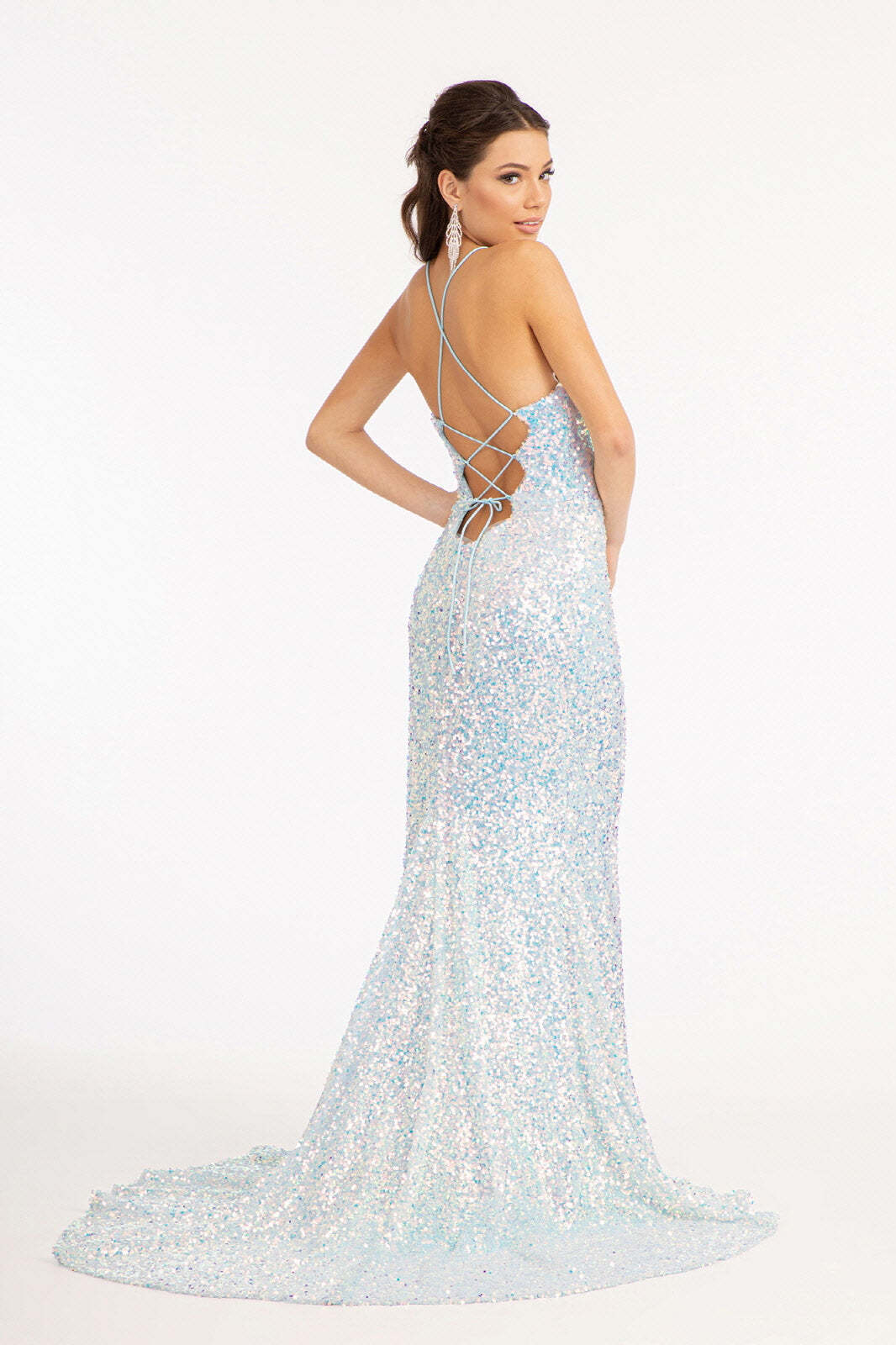 Straight Across Sequin Embellished Mermaid Dress Open Lace-up Back GLGL3051