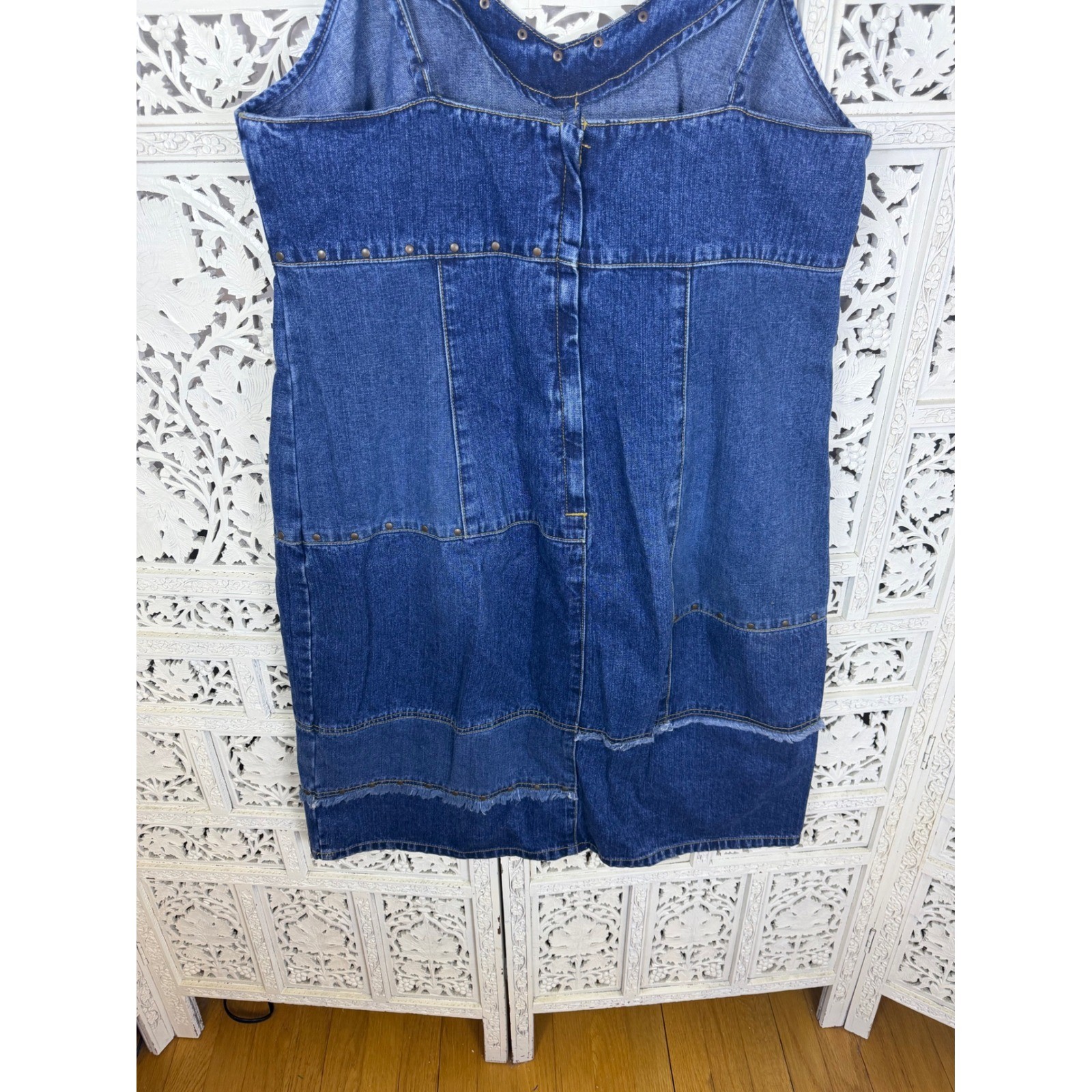 Vintage Denim Dark Wash Patchwork Sleeveless Dress Sz 14/16 V Neck Retro Indie