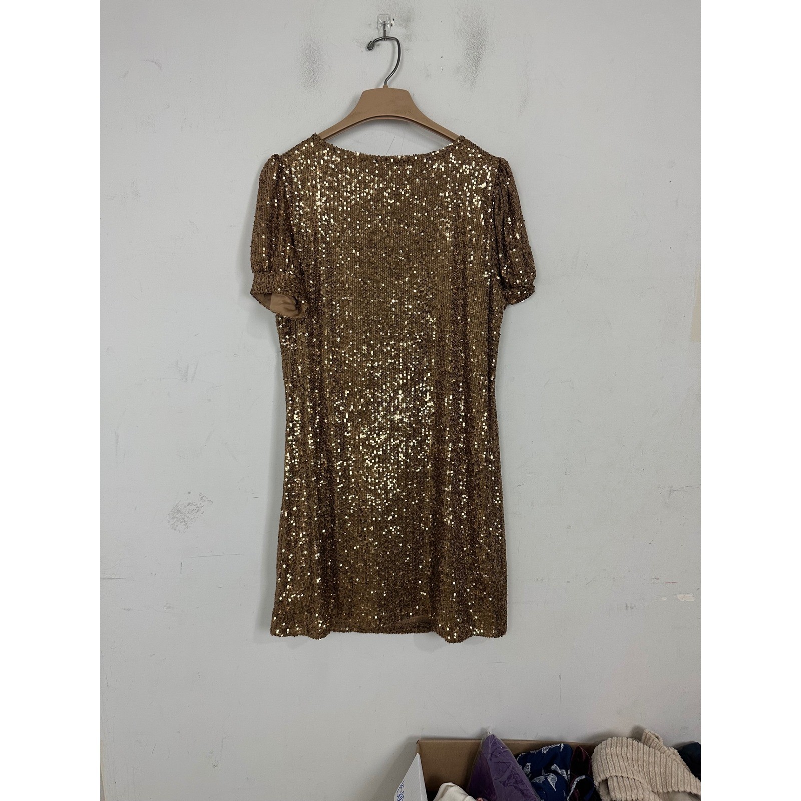 Cable & Gauge Bronze Gold Sequin Shift Dress Short Puff Sleeve Women Large