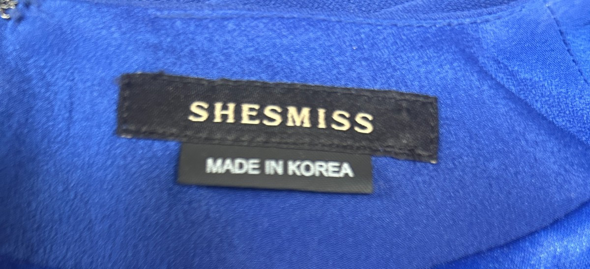 Shesmiss Blue Long Sleeve Polyester V-Neck Ruched Dress Made In Korea, Sz 4 -EUC