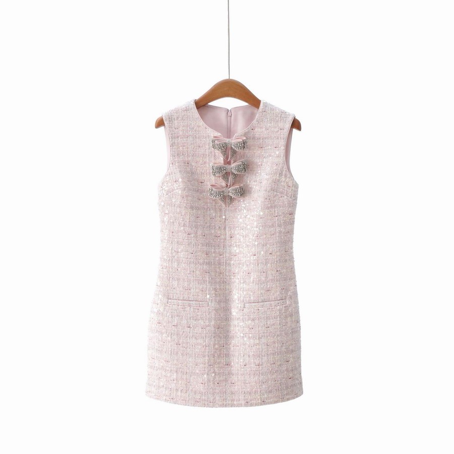 Self-Portrait Pink Rhinestone bowknot Sequin Tweed Sleeveless Dresses