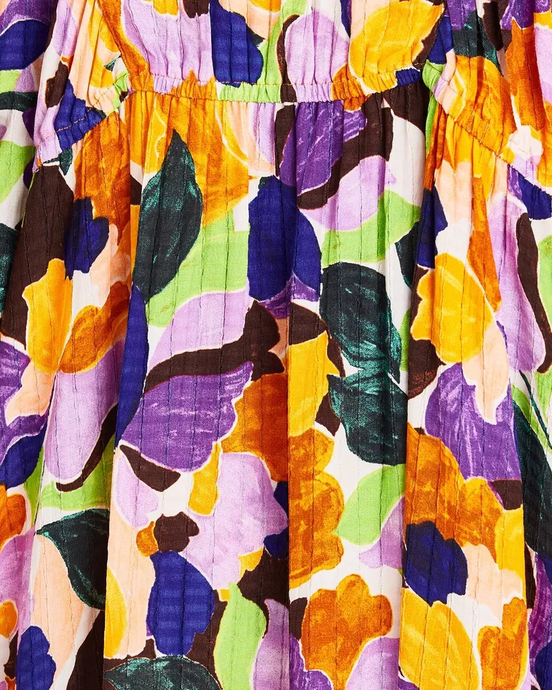 Oliver Bonas Purple Orange Abstract Petal Floral Puff Sleeve Midi Maxi Dress 10