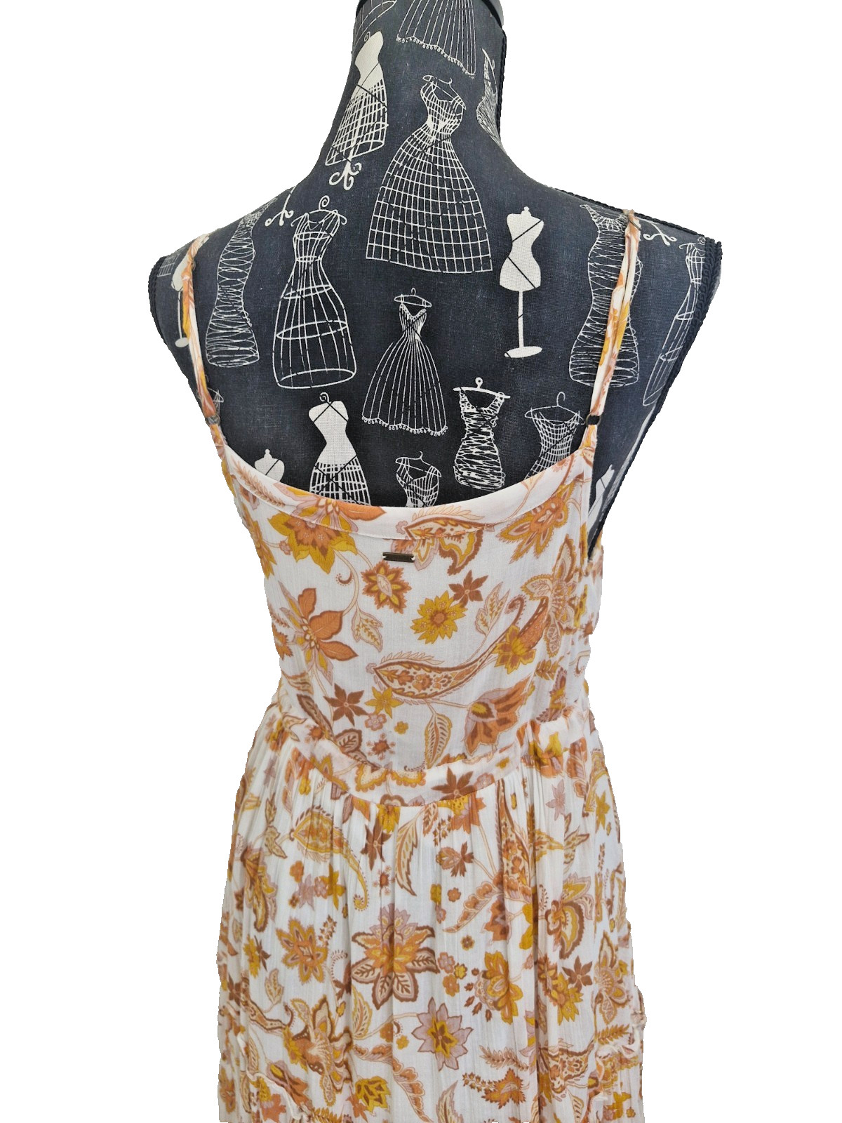 Ghanda Cotton Midi Dress Womens S White Orange Floral Button Tie Waist
