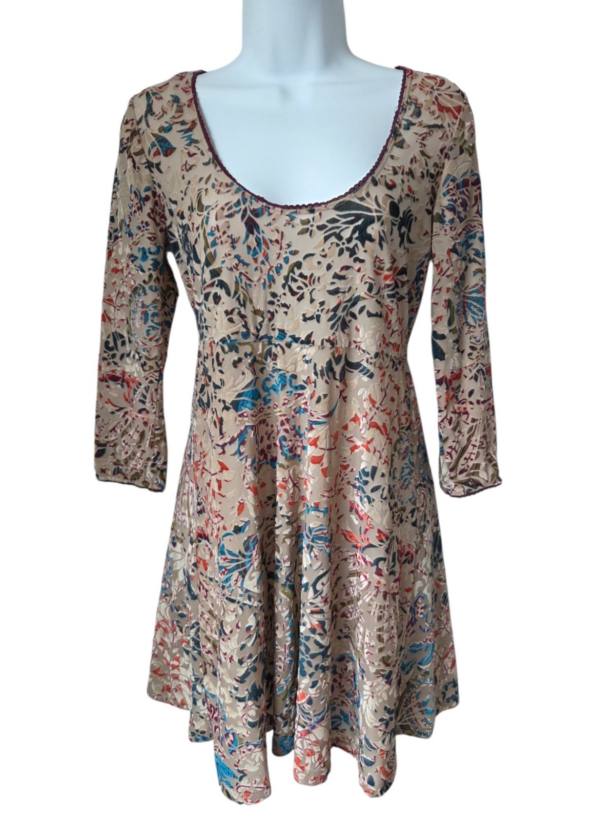 Free People Multicolor 3/4 Sleeve Floral Mini Dress Size M Nylon Polyester Blend