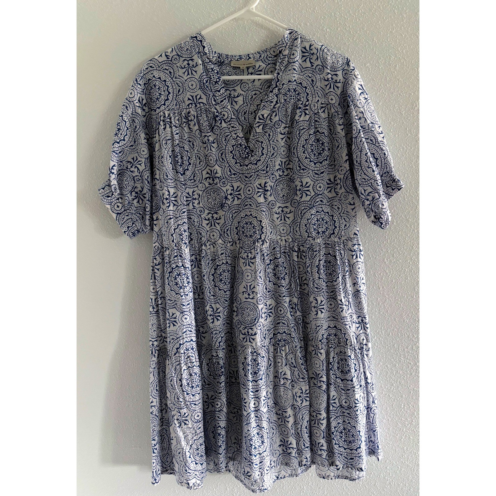 Fitzroy & Willa Dress Womens Medium Blue White Cotton Floral Breezy Boho