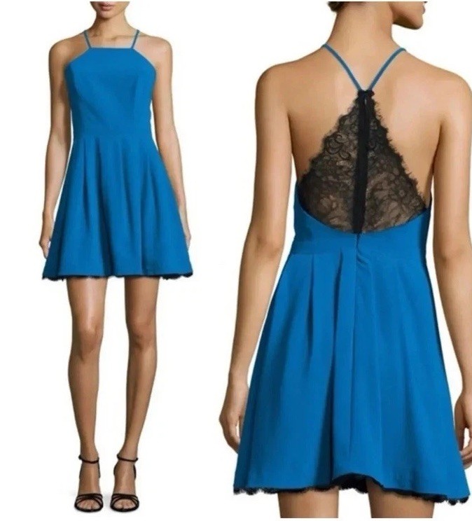 Lovers + Friends Nina Mini Dress Blue Lace Backless Fit & Flare Size S