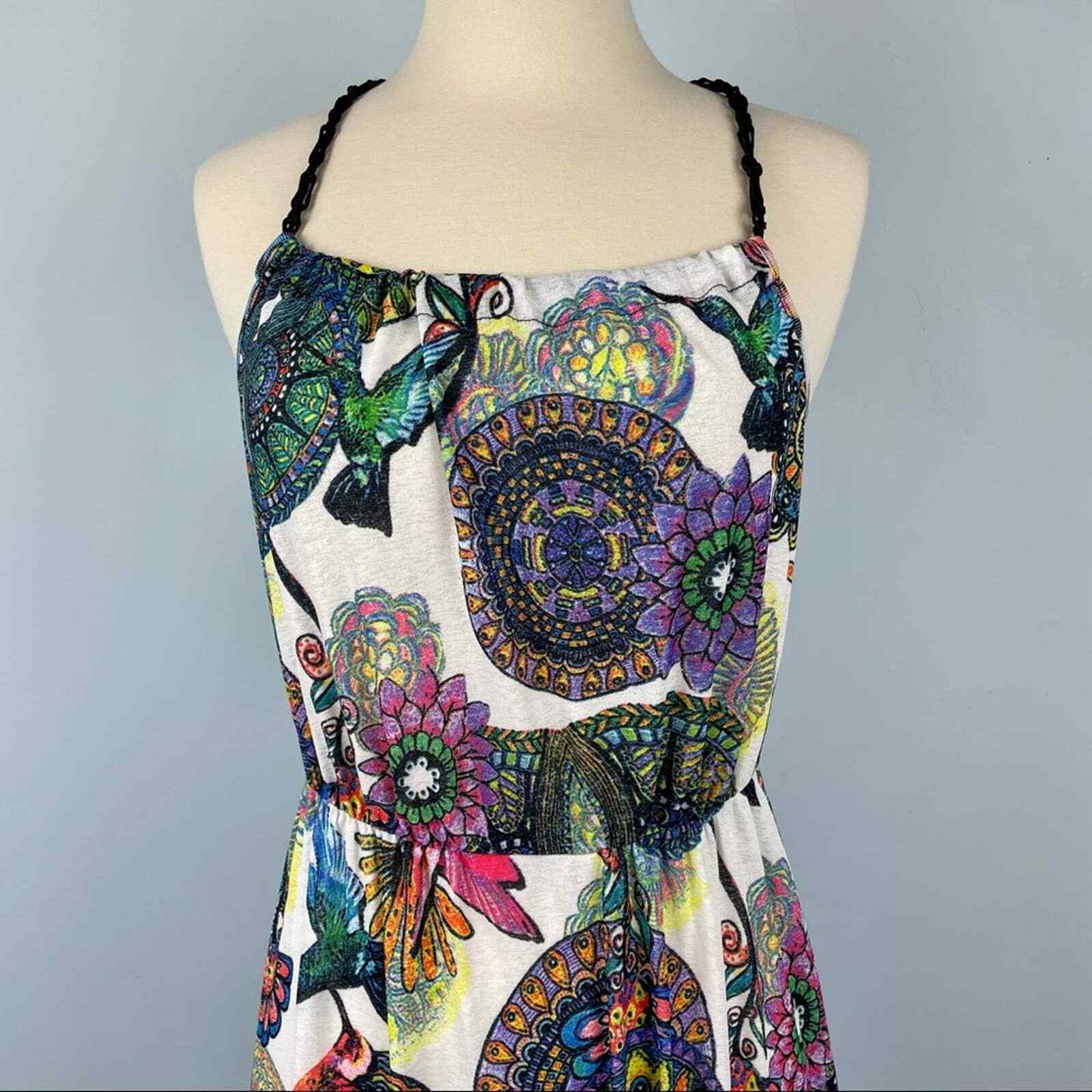 Papillon Maxi Dress Womens S White Multi Racerback Elastic Waist Cruise Vacation